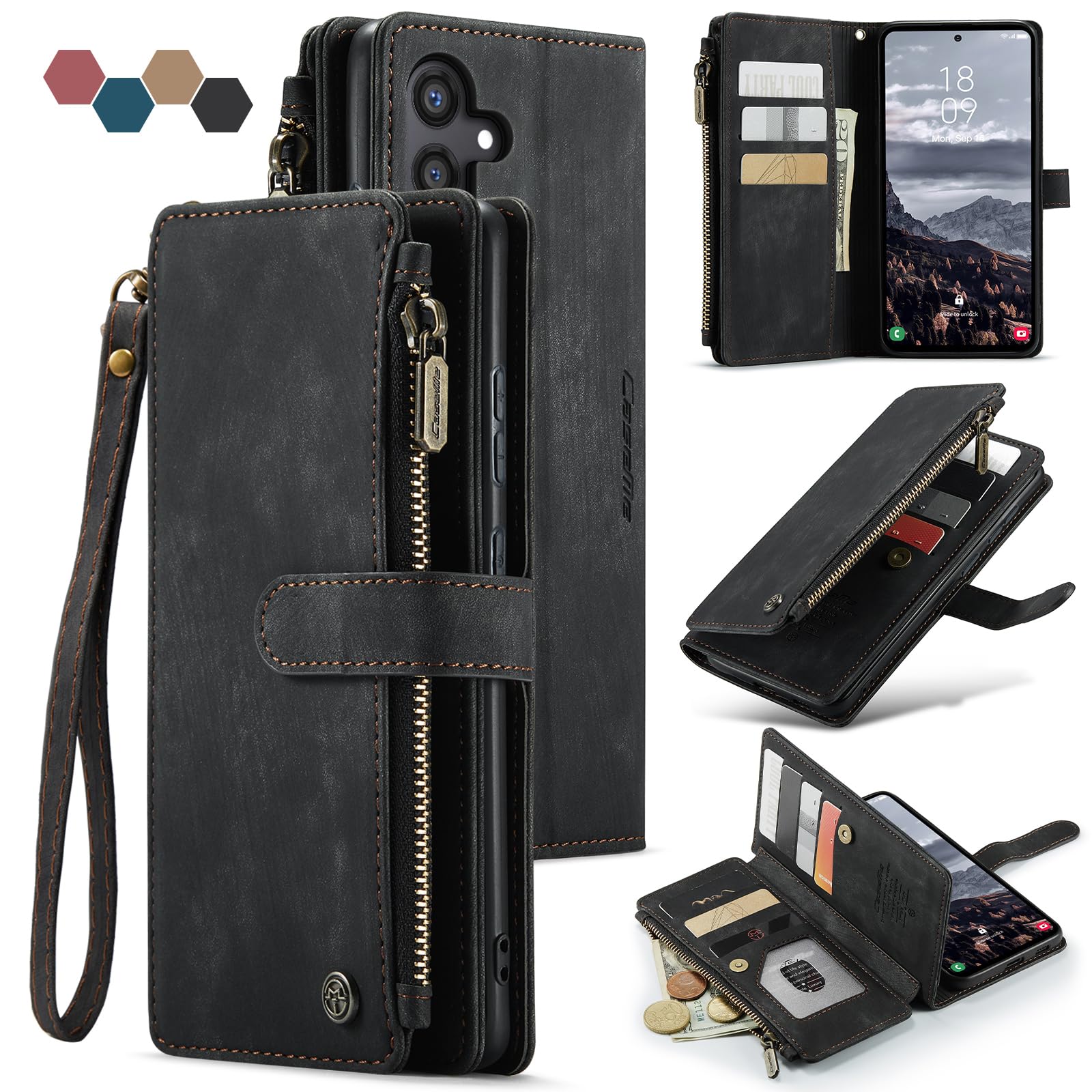 Lxisxcna Samsung Galaxy S24+ Plus 5G Wallet Case with Card Holder Kickstand Magnetic Zipper Pocket Lanyard Strap Wristlet,Leather Flip Case Wallet for