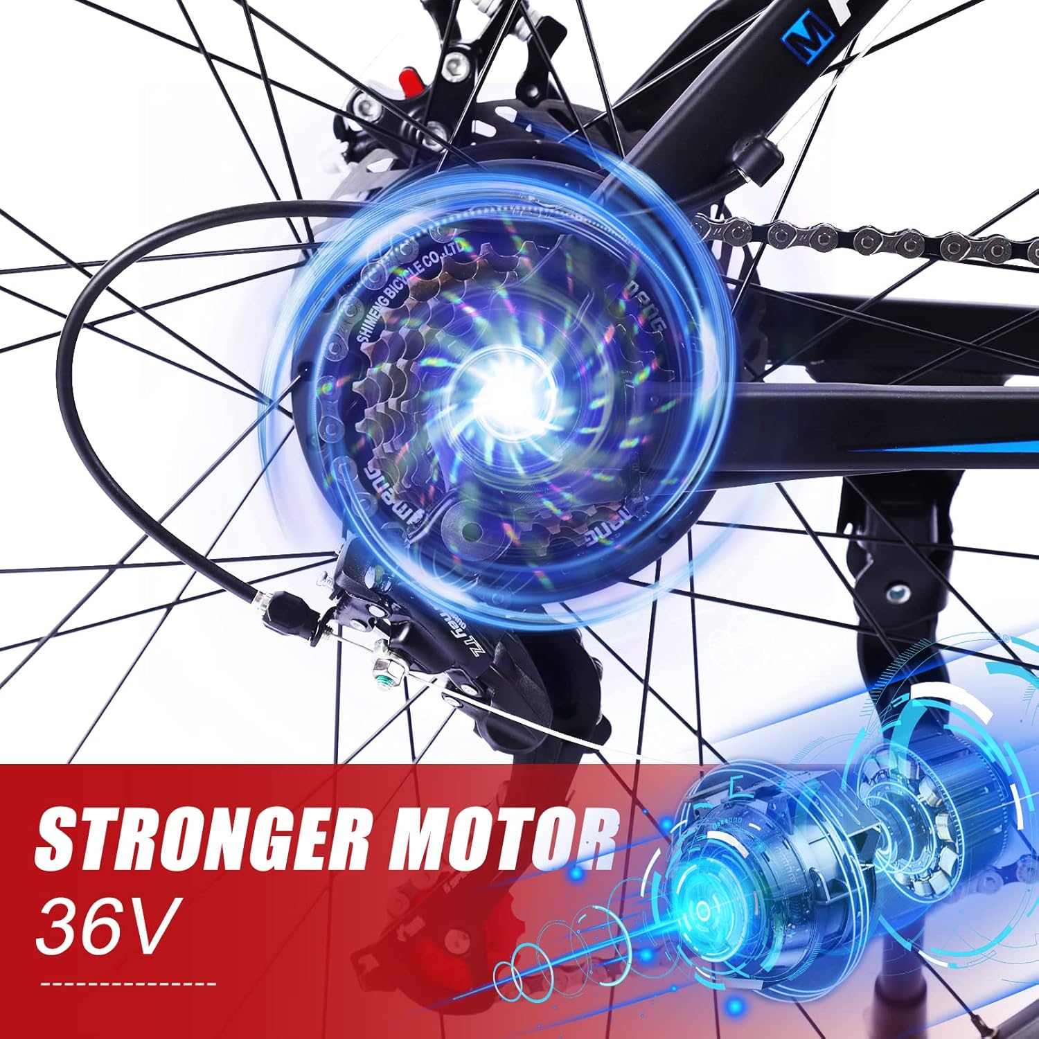 Close-up of the 36V motor on the rear wheel