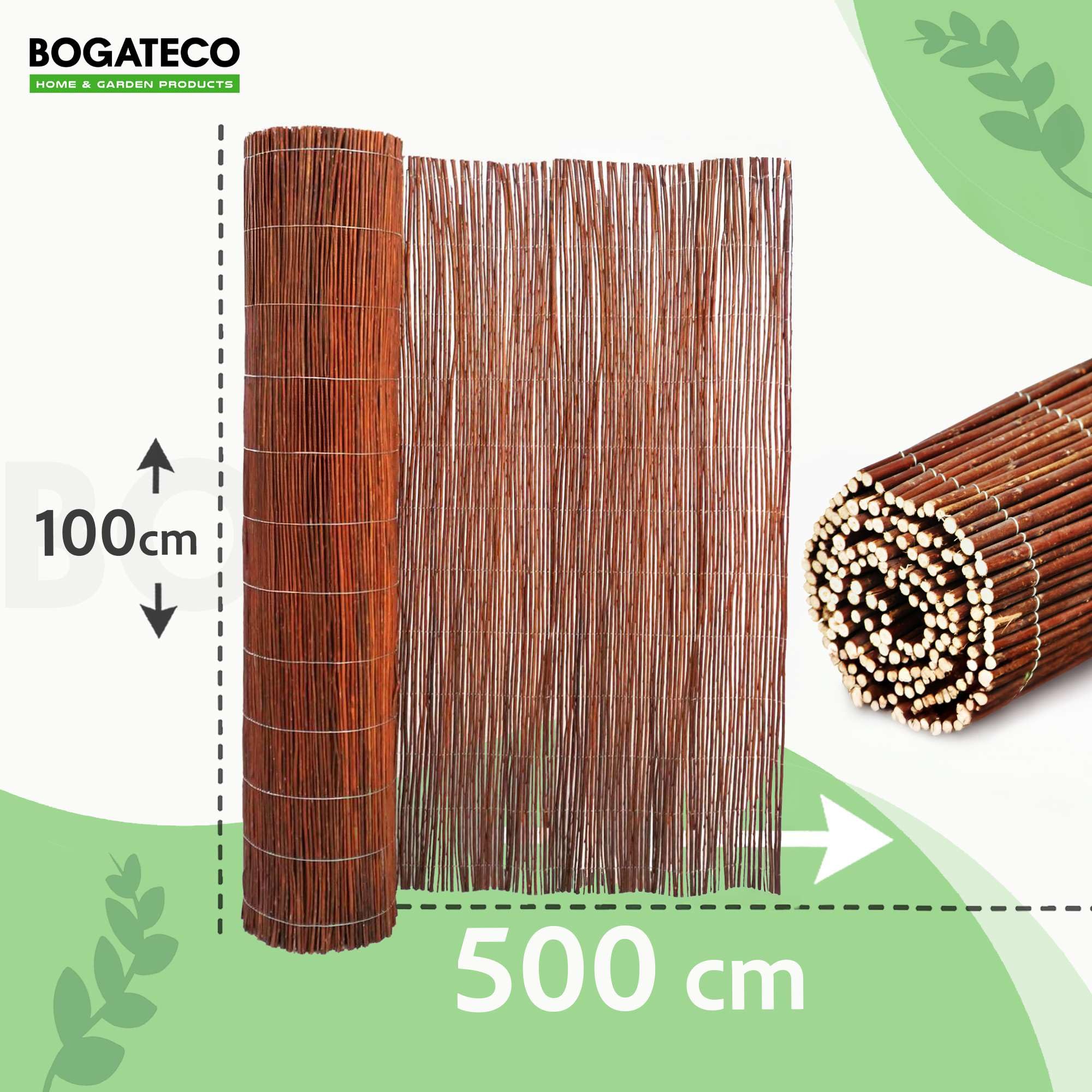 BOGATECO Weidenmatte Sichtschutz Zaun aus Holz |Gartenzaun 100 cm Hoch & 500 cm Lang | Perfekt Weidenzaun für den Garten, Balkon und Terrasse natürlicher Sichtschutzzaun