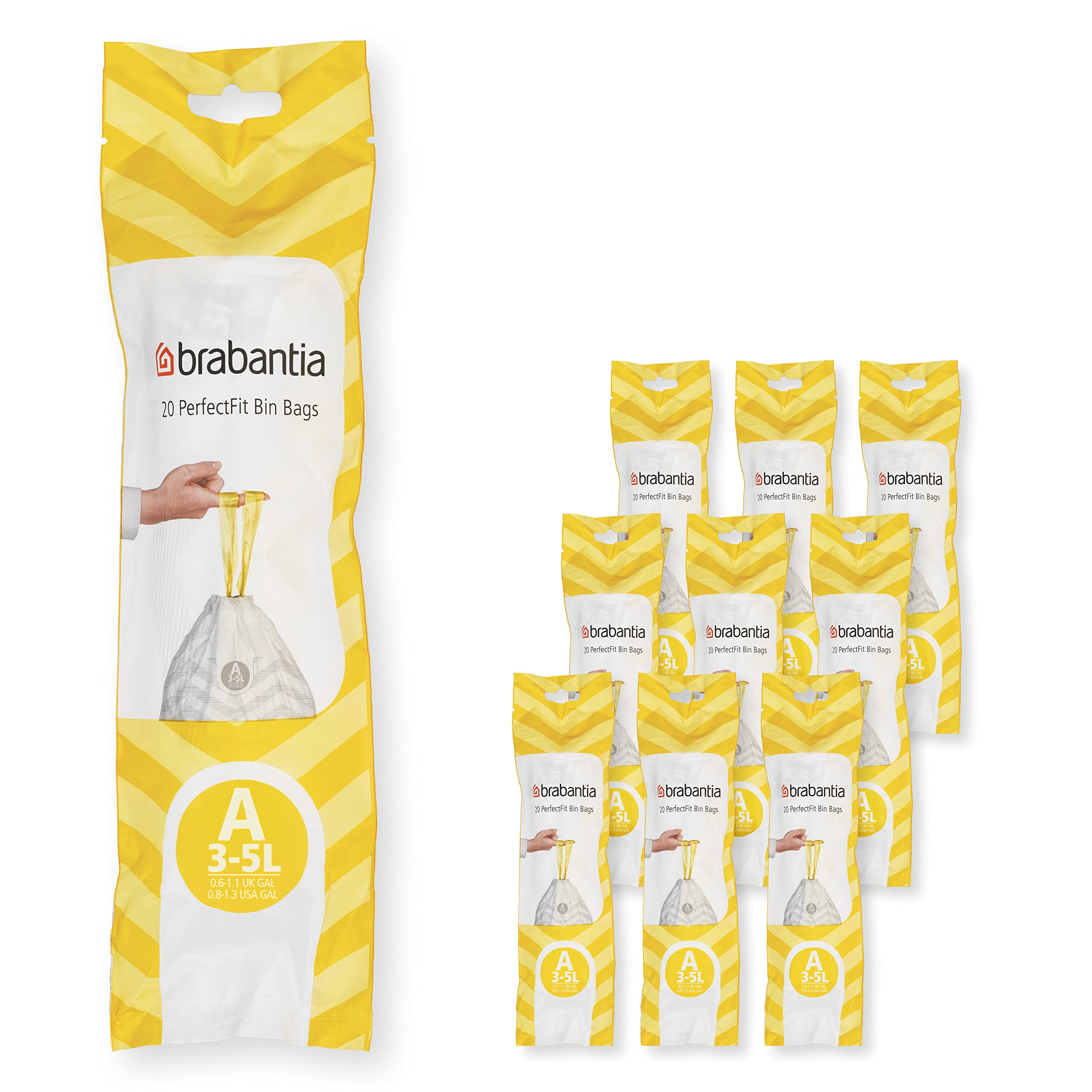 Brabantia PerfectFit Bin Liners Multipack (Size A/3 Litre) Thick Plastic Trash Bags with Tie Tape Drawstring Handles (200 Bags), White - Code a, (137648)