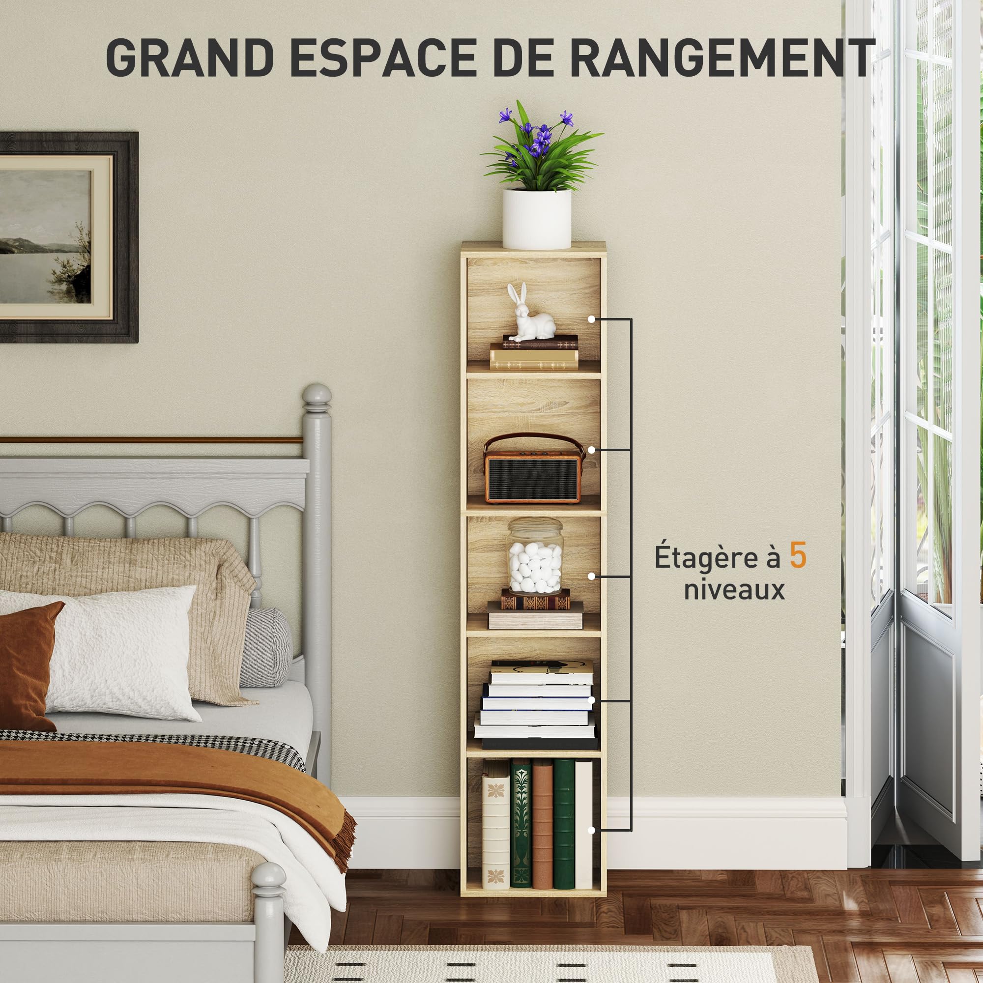 HOMCOM Bibliothèque Étagère de Rangement 5 Niveaux 30x24x133,5 cm Naturel | Meuble de Rangement avec Étagères Réglables, pour Salon, Chambre à Coucher, Bureau