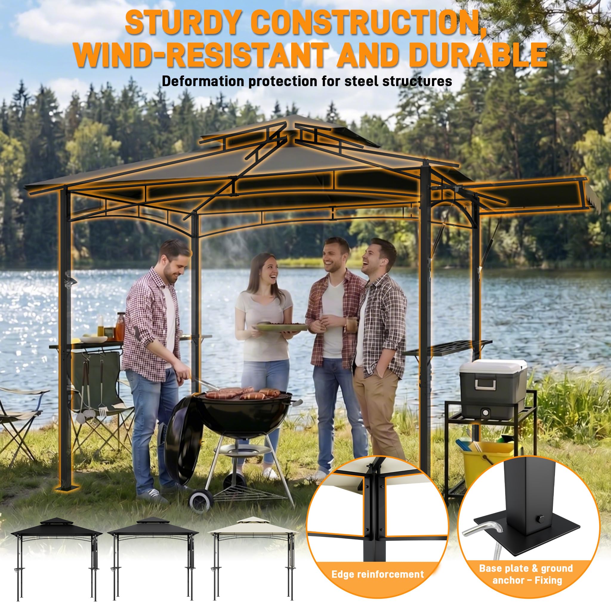 UISEBRT Tonnelle pour barbecue avec store latéral extensible, abri de barbecue avec 2 étagères, crochets et décapsuleur, double toit résistant aux intempéries pour ventilation et évacuation de la