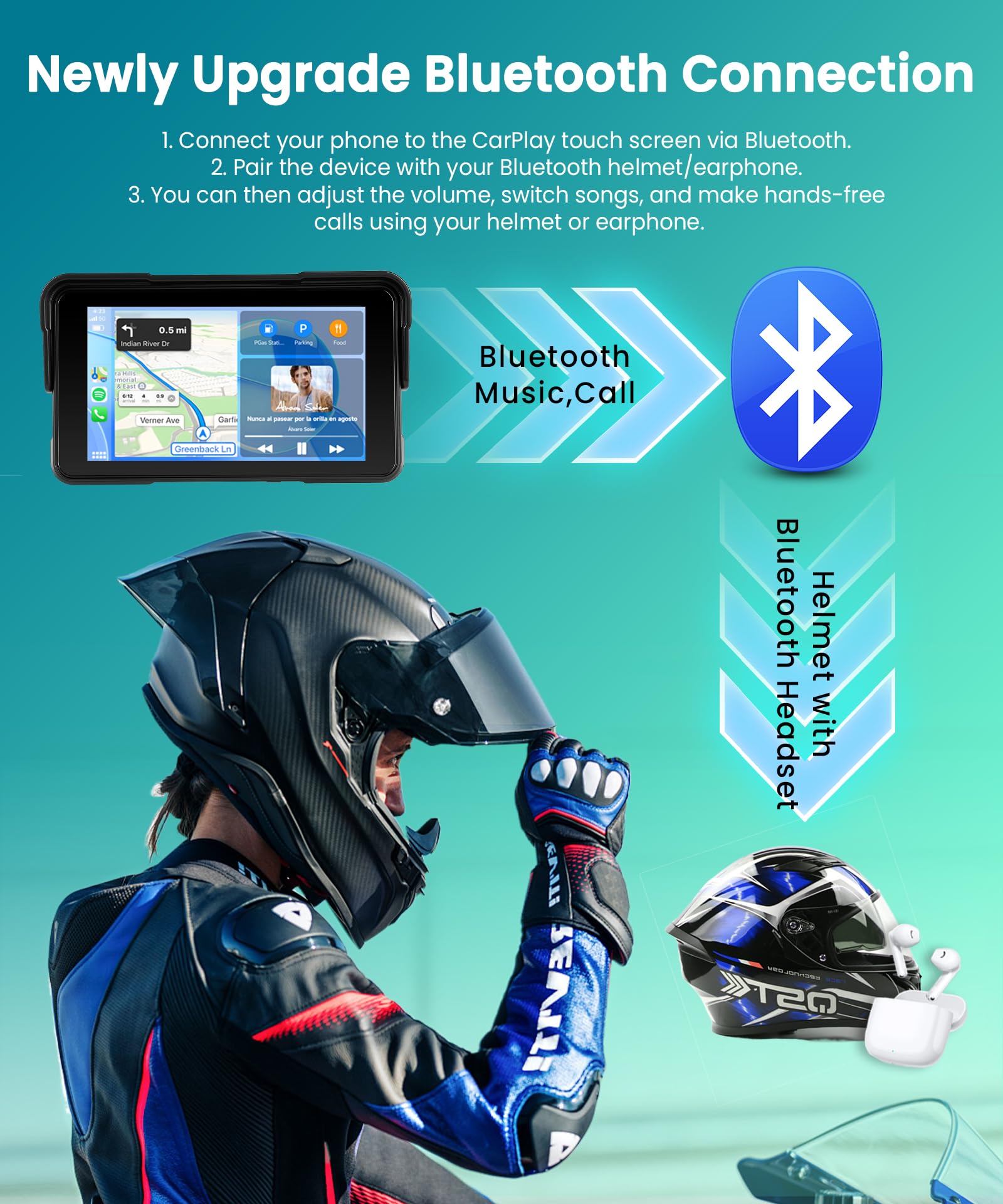 VECHTEL Motorrad Navi Kabelloses CarPlay und Android Auto per Moto, 5 Zoll HD Touchscreen GPS Navigation für Motorrad mit IP68 Wasserdicht, Bluetooth, Assistente Siri/GOO-gle, TPMS, Typ-C