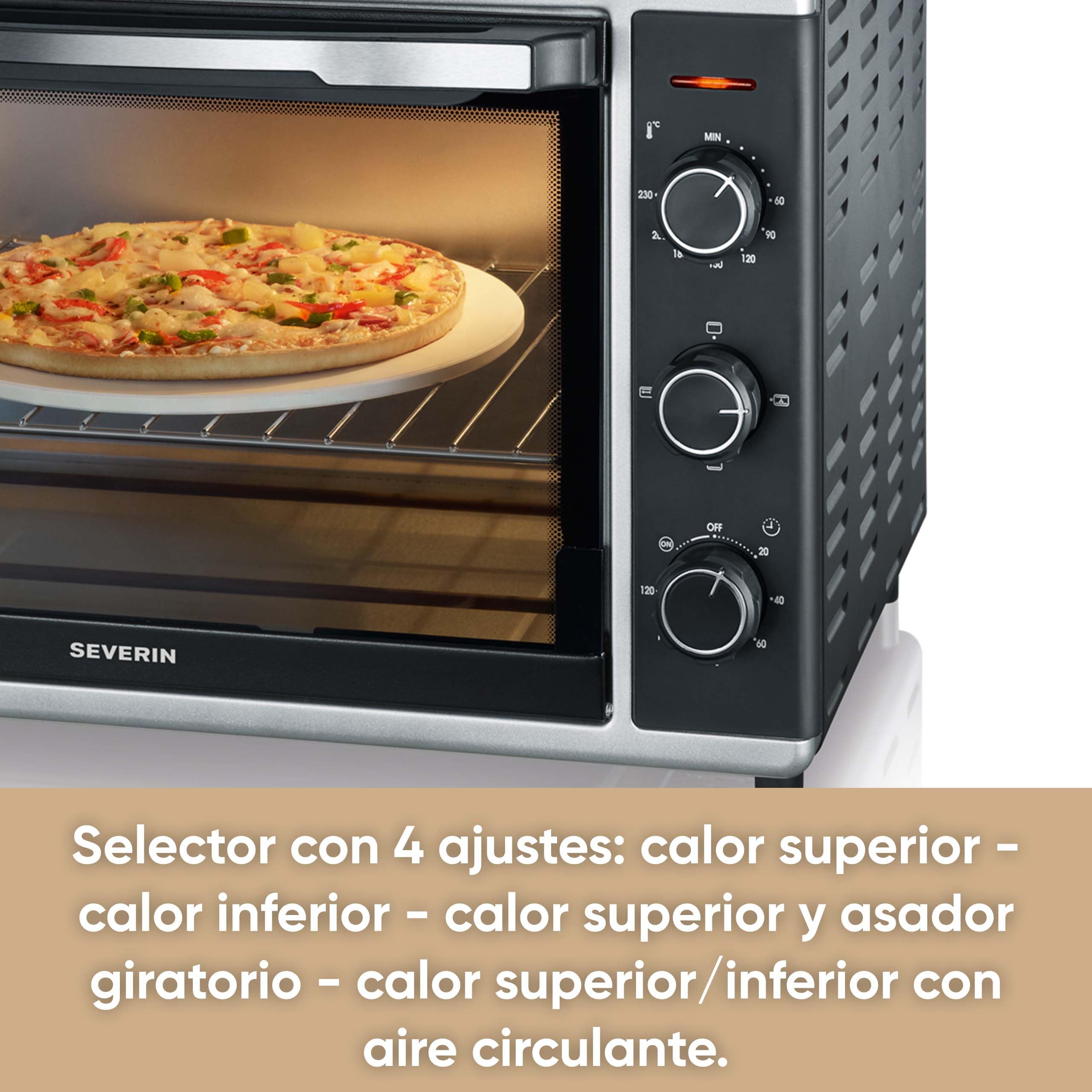 SEVERIN Horno tostador con función de convección, mini horno tostador con grill y bandeja, horno pequeño con piedra para pizza y asador giratorio, 1800 W, 42 L, negro, TO 2058