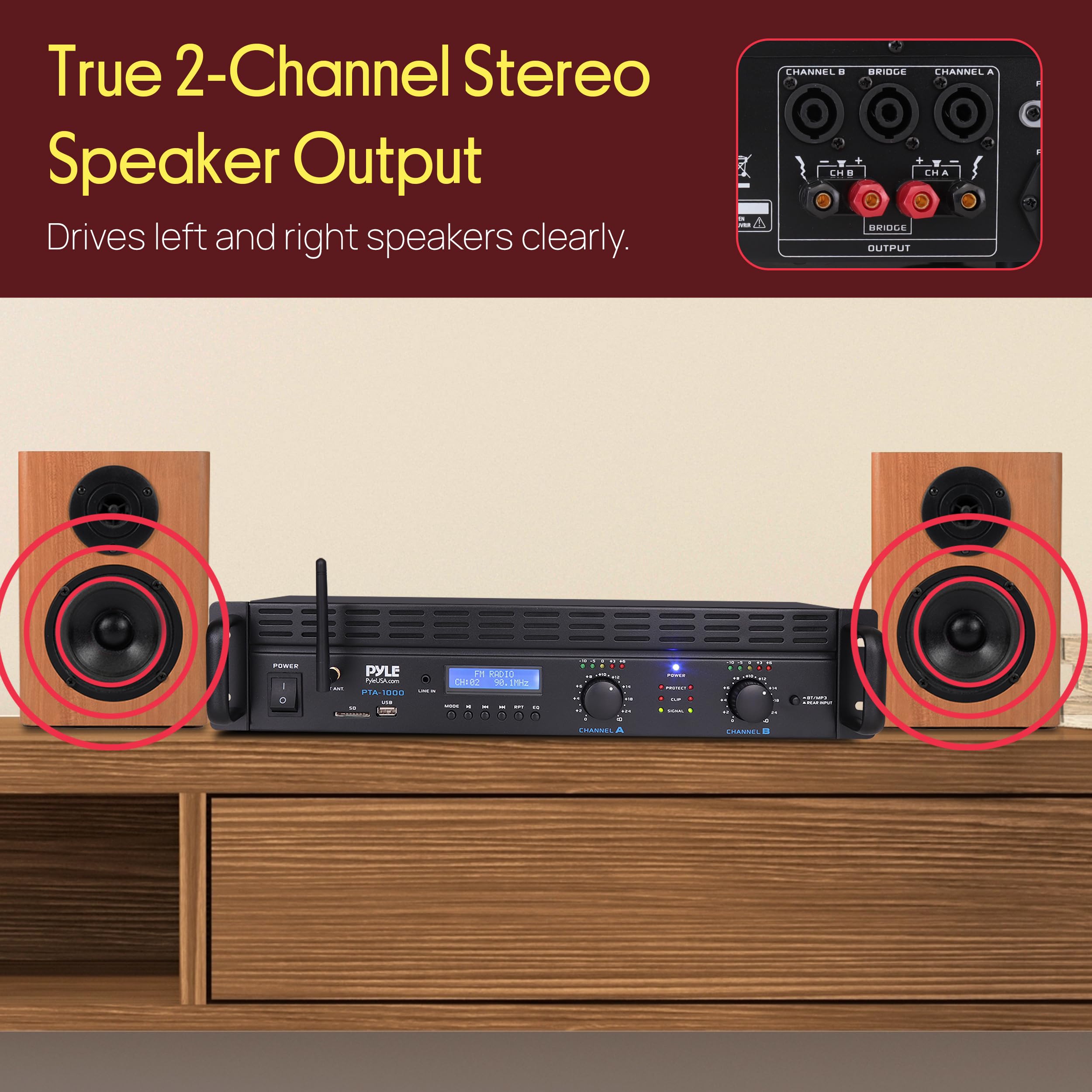 Pyle 2-Channel Rack Mount Power Amplifier with Bluetooth - 2000W Bridgeable with TRS XLR Input, Speakon Outputs, USB-A Input with MP3 Player, Bridge Mode, Cooling Fan, LED Level Meters - PTA1000BT — Amazon image 6