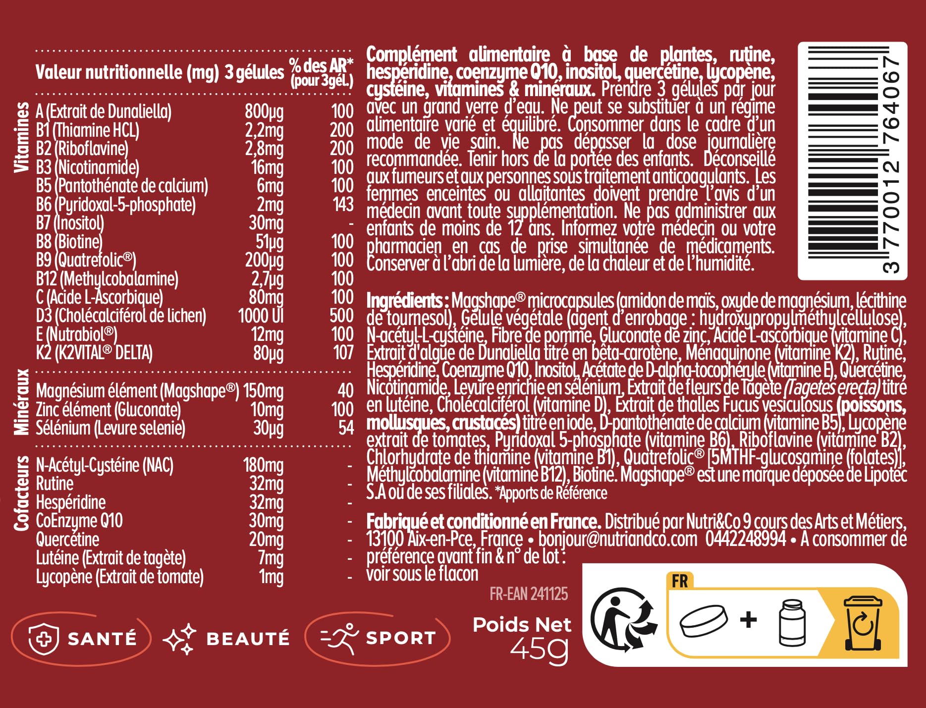 NUTRI & CO Multivitamines et Minéraux 25 Nutriments - Vitamines A B C D3 E K2 + Minéraux dont Magnésium et Zinc - Haute Absorption - 90 Gélules Vegan Friendly Conditionné en France