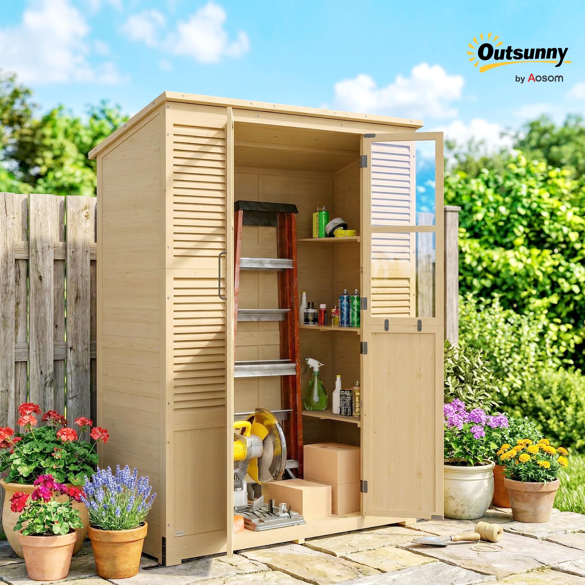 Outsunny Armadio da Giardino in Legno Abete Walk-in, Casetta Porta Attrezzi da Esterno con Tetto Inclinato Asfalto, 4 Finestre, 6 Ripiani, Prese d'Aria, Kit Antiribaltamento, 147x68x198cm, Color Legno
