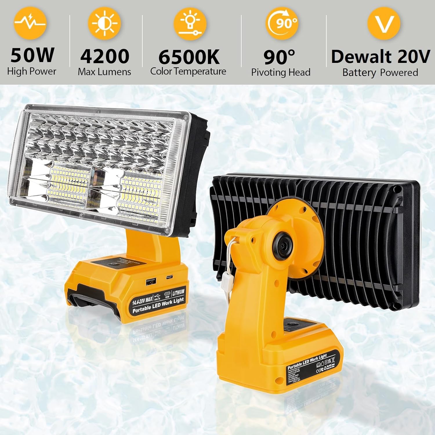 50W 4200LM Cordless LED Work Light for DeWalt 20V Max Battery Portable Flood Lights for Outdoor Indoor Workshop Job Site, Floodlight & Spotlight Modes/Pivoting Head/USB Port(No Battery)