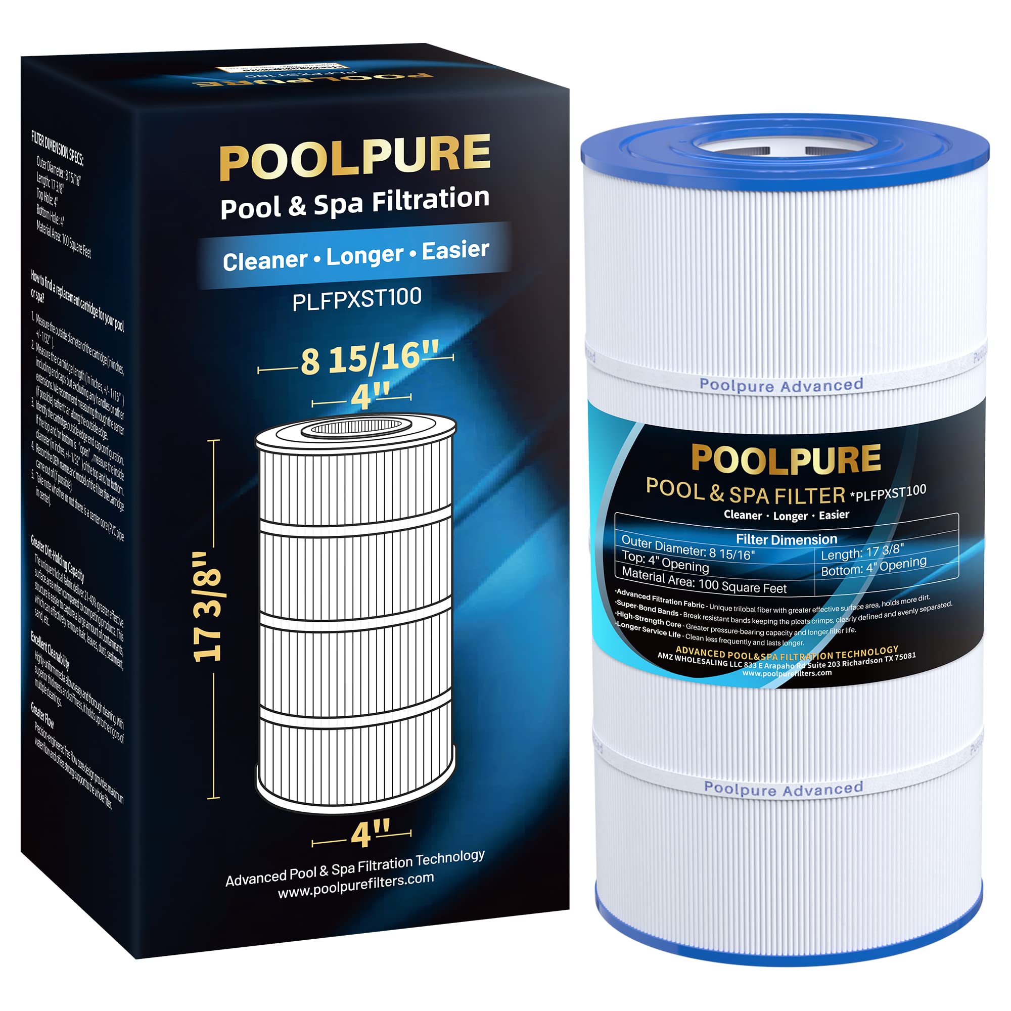 POOLPURE PLFPXST100 Pool Filter Replaces Hayward X-Stream CC1000, CCX1000-RE, Pleatco PXST100, Ultral-B6, Unicel C-8311,Filbur FC-1285, 817-0100N/P, Waterway Pro Clean 100, L x OD: 17 3/8" x 8 15/16"
