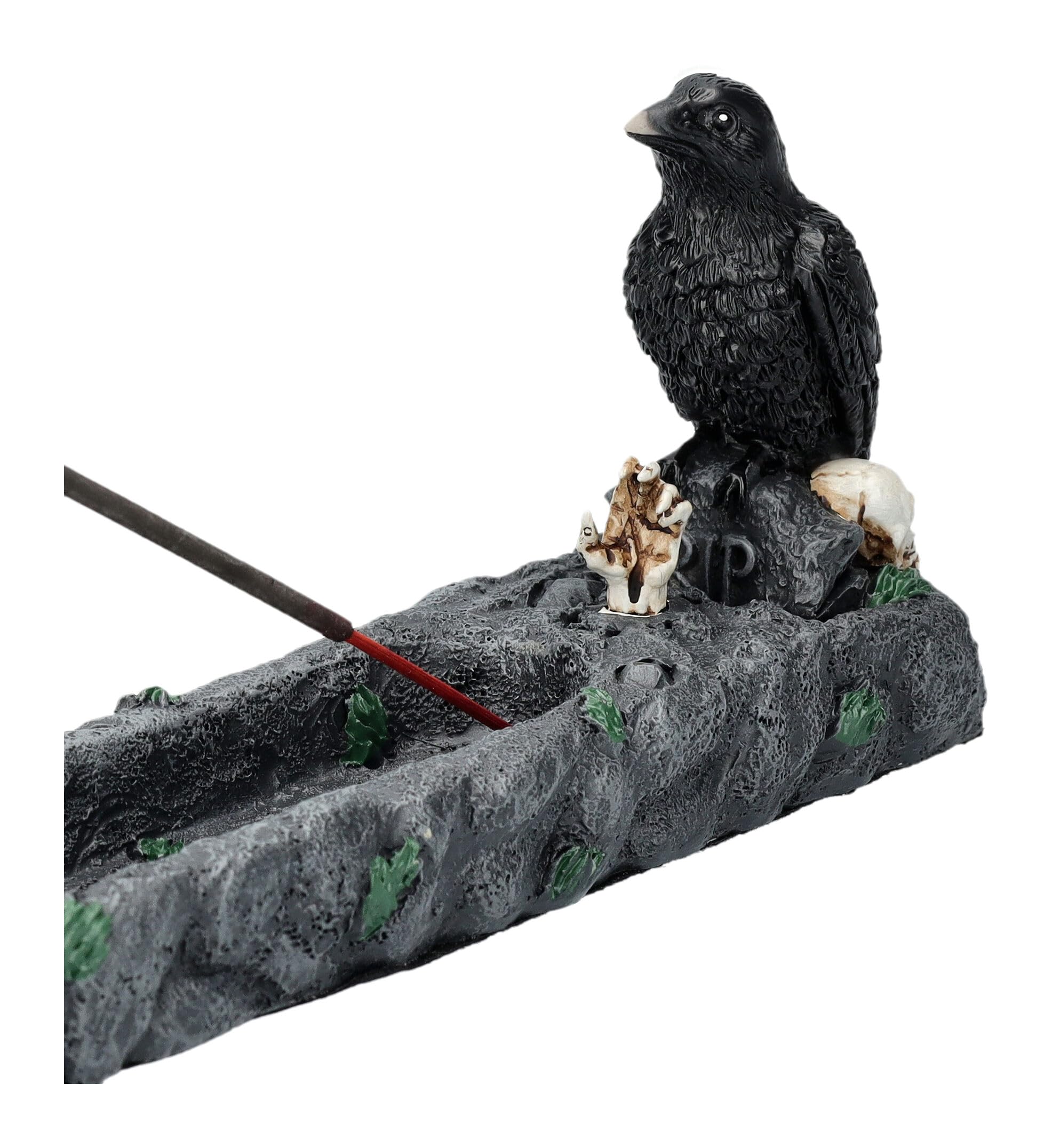 Gotischer Räucherstäbchenhalter mit Rabe und Zombie, Friedhofs-Motiv, Kunststein, 27cm, Deko Figur