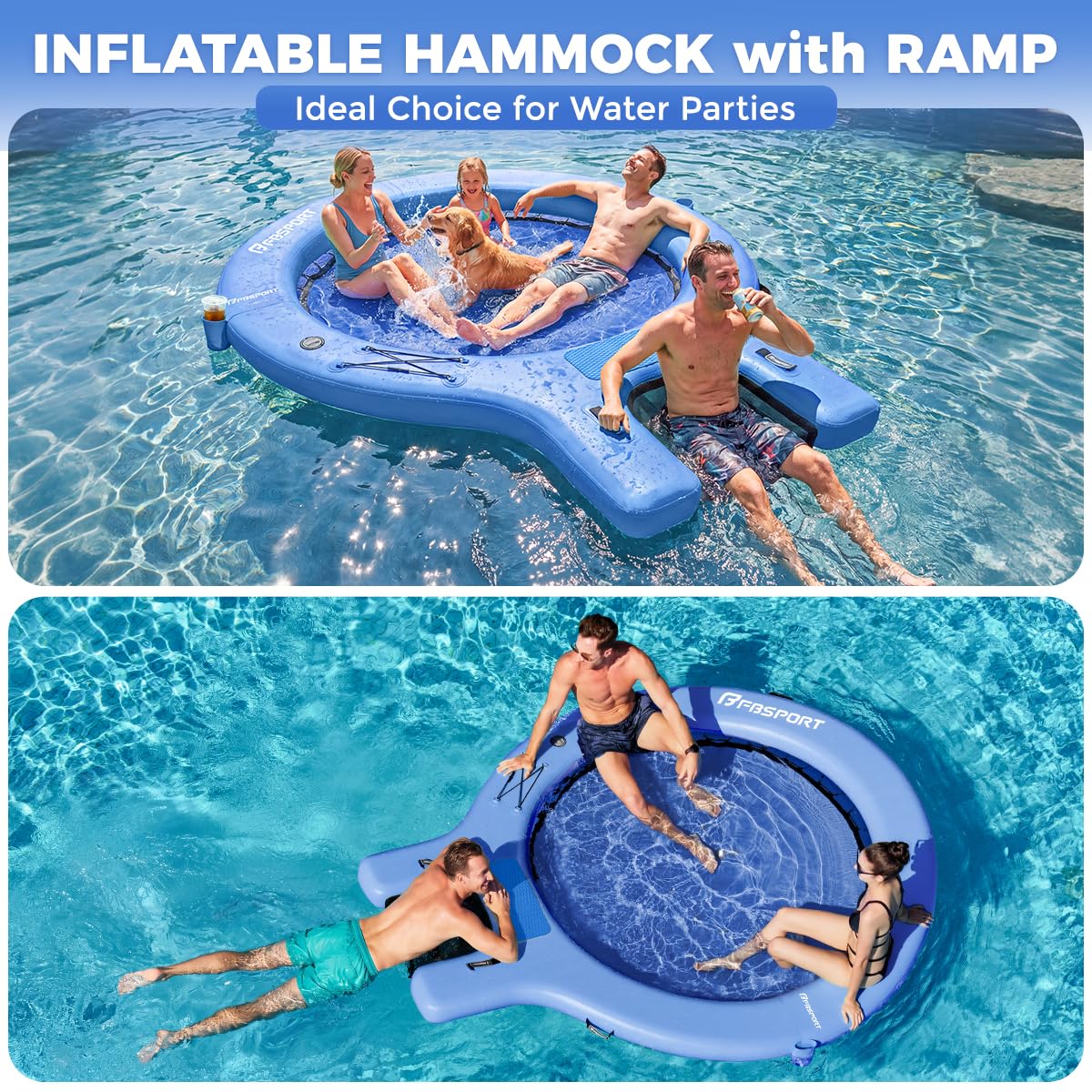 Plateforme Gonflable Flottante Sunchill Rond 240 cm avec Rampe pour Chiens, Hamac Flottant Piscine pour 3 à 5 Personnes, Îlot Flottant Antidérapant avec Échelle, pour Piscine, Plage et Mer