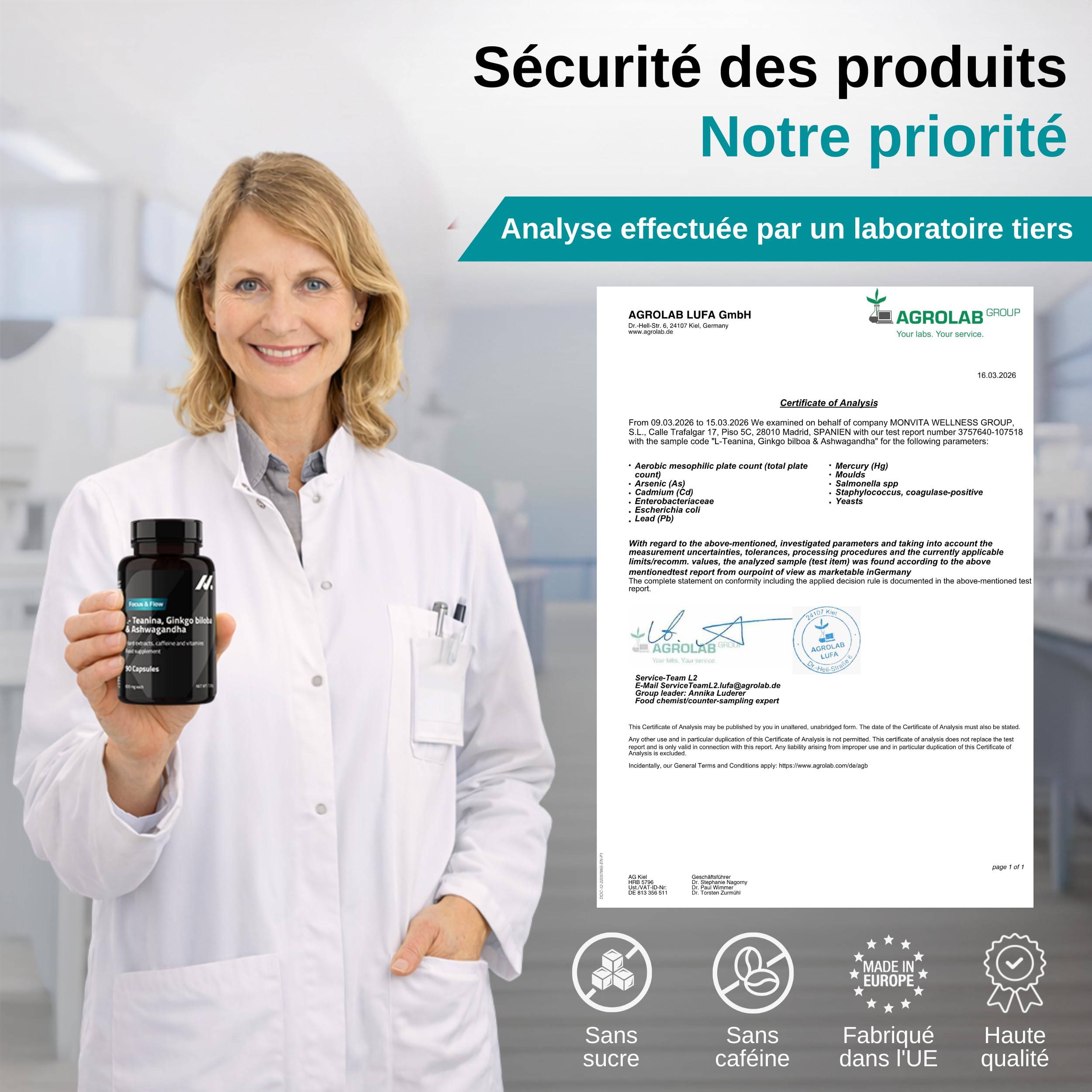 L-Théanine, Ginkgo Biloba, Ashwagandha – Nootropique avec Bacopa Monnieri, caféine naturelle, vitamines B6 & B12 fortement dosées | Focus, concentration & énergie sans nervosité | 90 gélules véganes