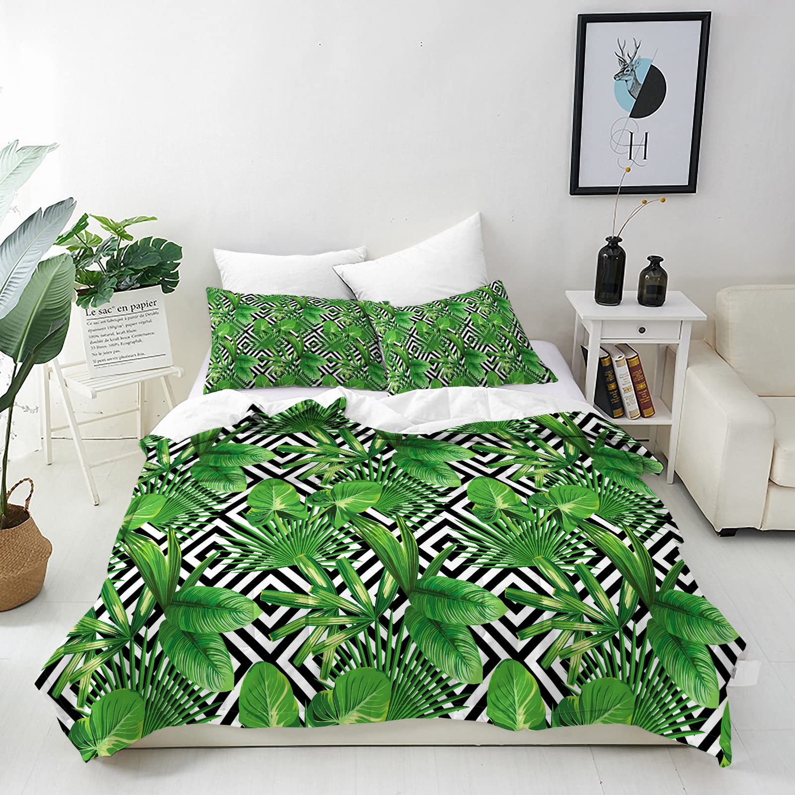 ANHOPE Tropical Duvet Cover Set Soft Comforter Cover Green Palm Leaf Lattice Print Pattern 3 Piece Bedding Set with Pillowcase All Season Quilt Cover with Zipper for Kids Adults King Size — image 1