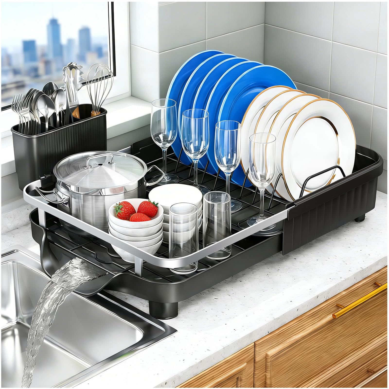 Dish Drying Rack – Expandable Dish Rack for Kitchen Counter, Stainless Steel Dish Drainer with Utensil Holder, Black