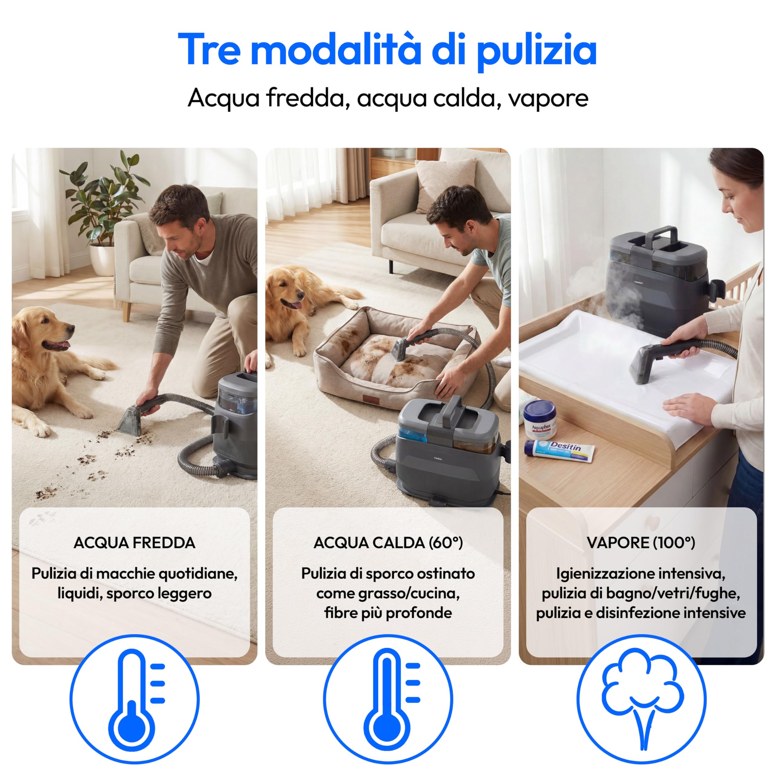 MEDION X10 UC Pulitore per tappezzeria lava aspiraliquidi (Aspiratore a umido per tappezzeria, tappeti e sedili auto, acqua fredda, acqua calda, vapore, serbatoio acqua pulita e sporca, MD100123)