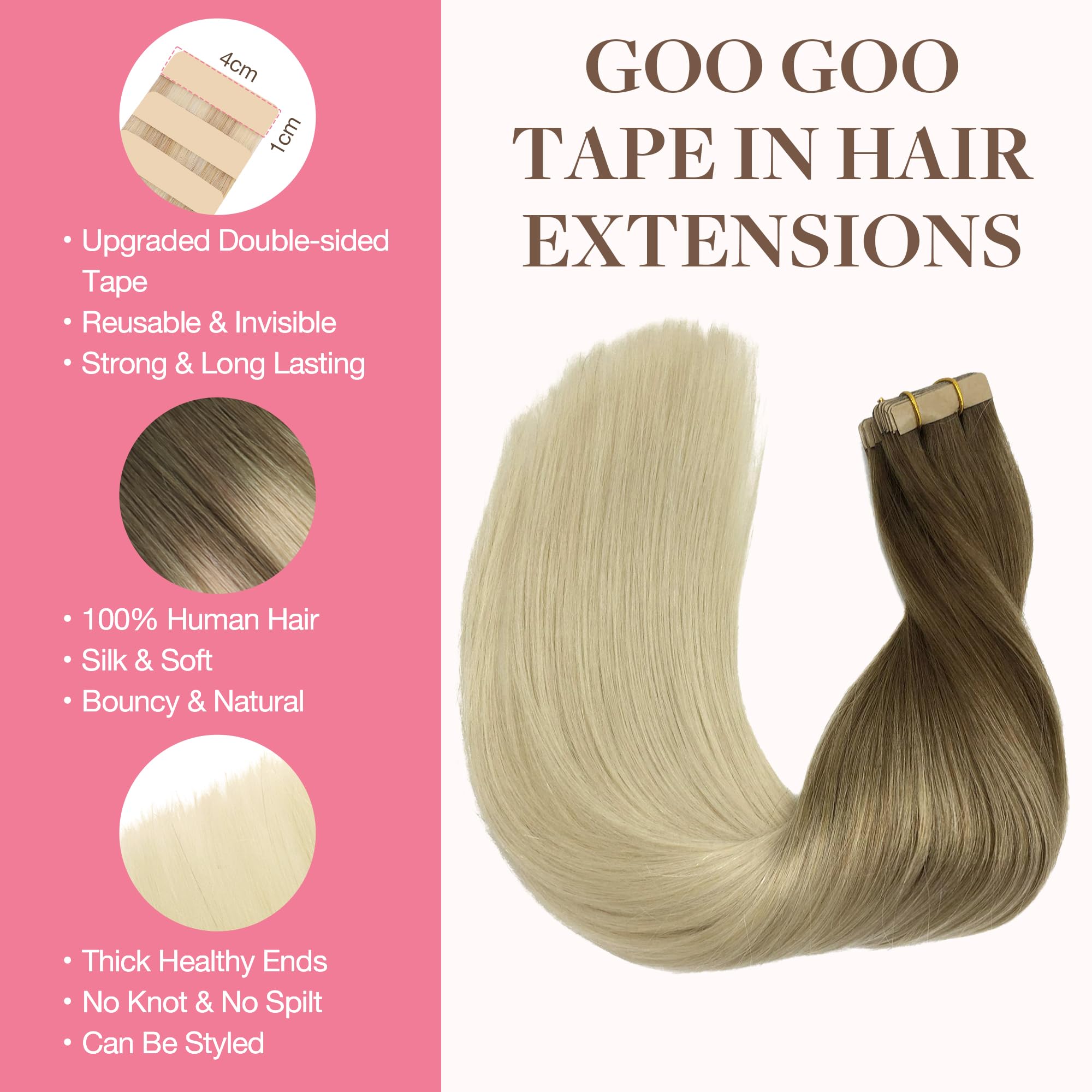 GOO GOO Tape in Hair Extensions human hair, tape Hair Extensions, 22inch 30g 10pcs, Human Hair Extensions - Image 3