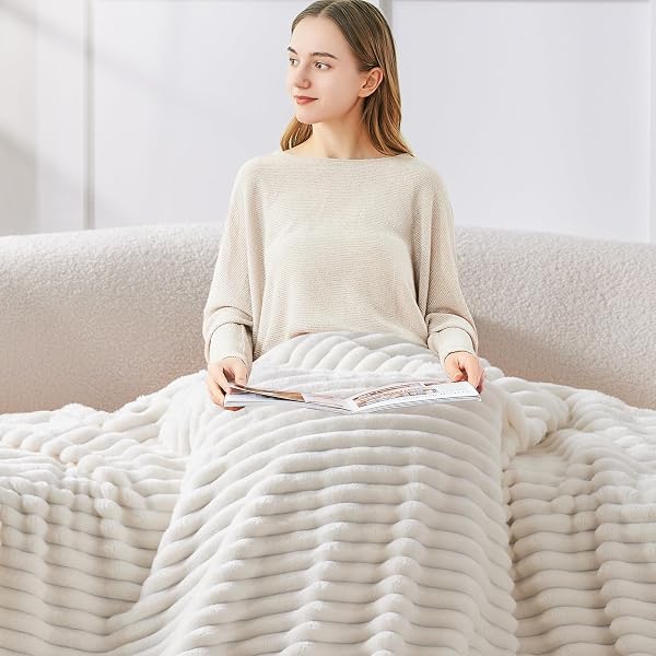 BEDELITE Fluffy Fleece Throw Blanket, Striped Decorative Soft Warm Gift for Sofa Bed Couch, Throw Size, Cream White - 3