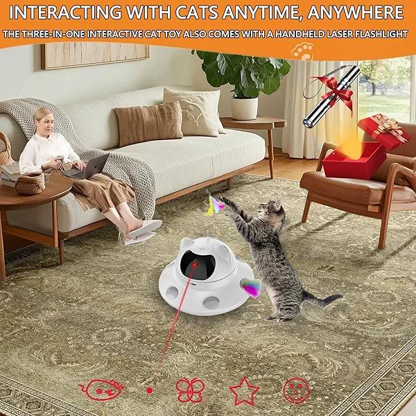 3-in-1 Cat Laser Toy & Interactive Automatic Motion-Activated Kitten Toy – 6 Holes Whack-A-Mole Feather & Moving Ambush Fun – USB Rechargeable, Apply to – Indoor Exercise for Cats of All Breeds