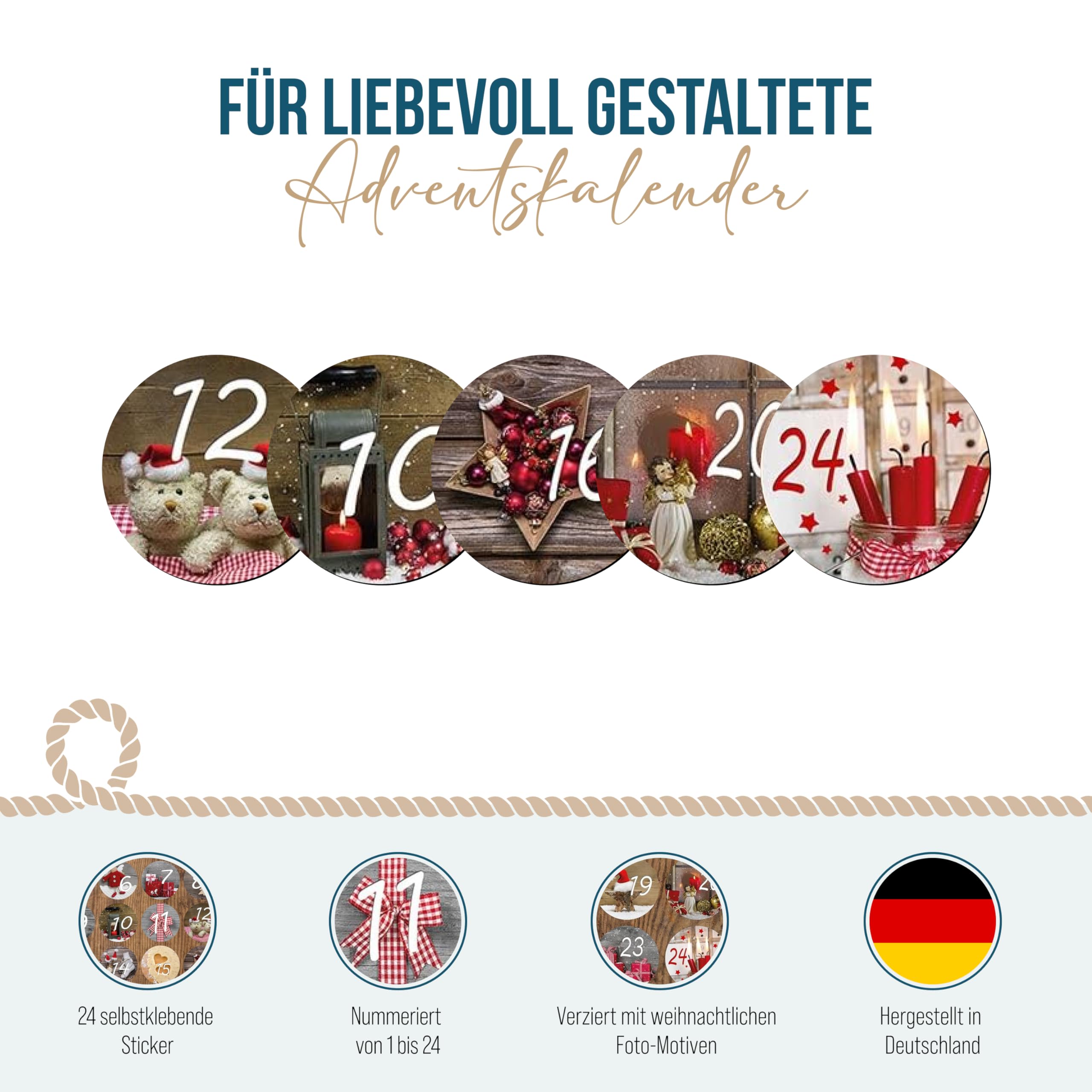 AVERY Zweckform Adventskalender Zahlen Set – 36 Runde Anhänger (⌀60mm) Mit Stickern 1-24 & Deko