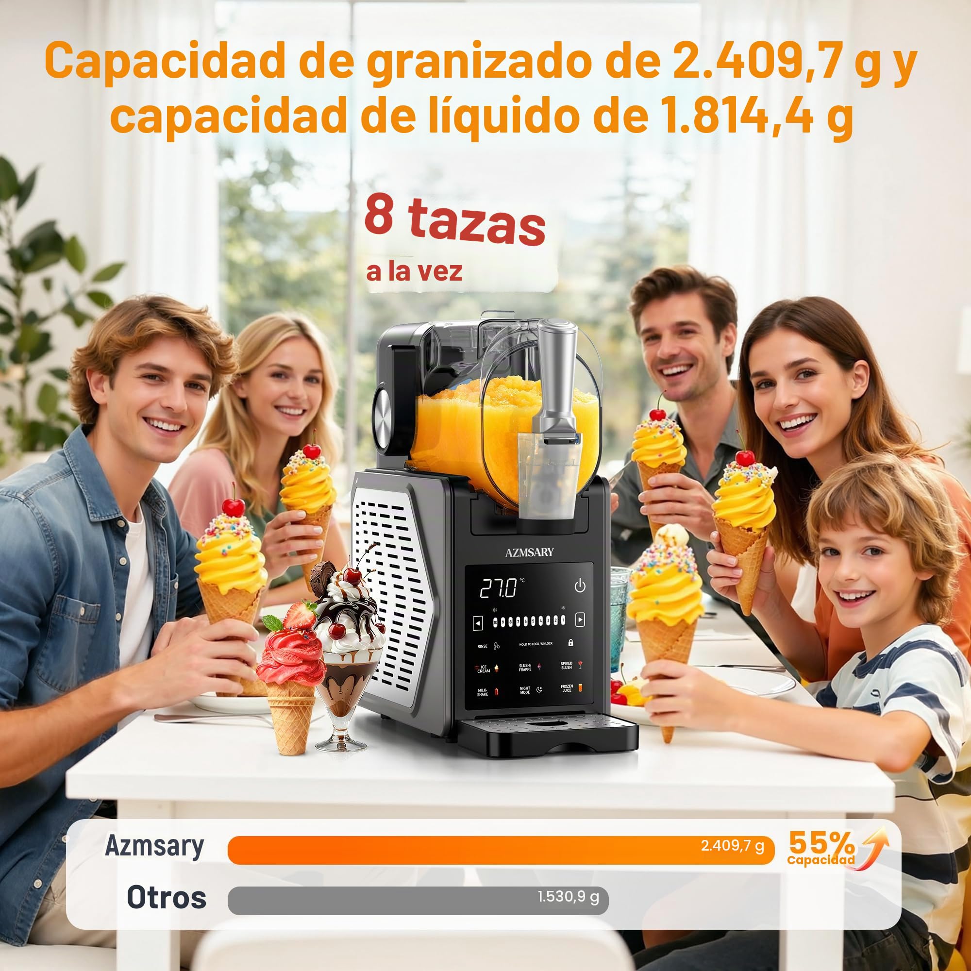 Máquina de granizado – Fácil de usar con un botón 2,5 L Slushie Maker, no requiere hielo, con pantalla LED, 6 programas automáticos para margaritas, frappés, batidos