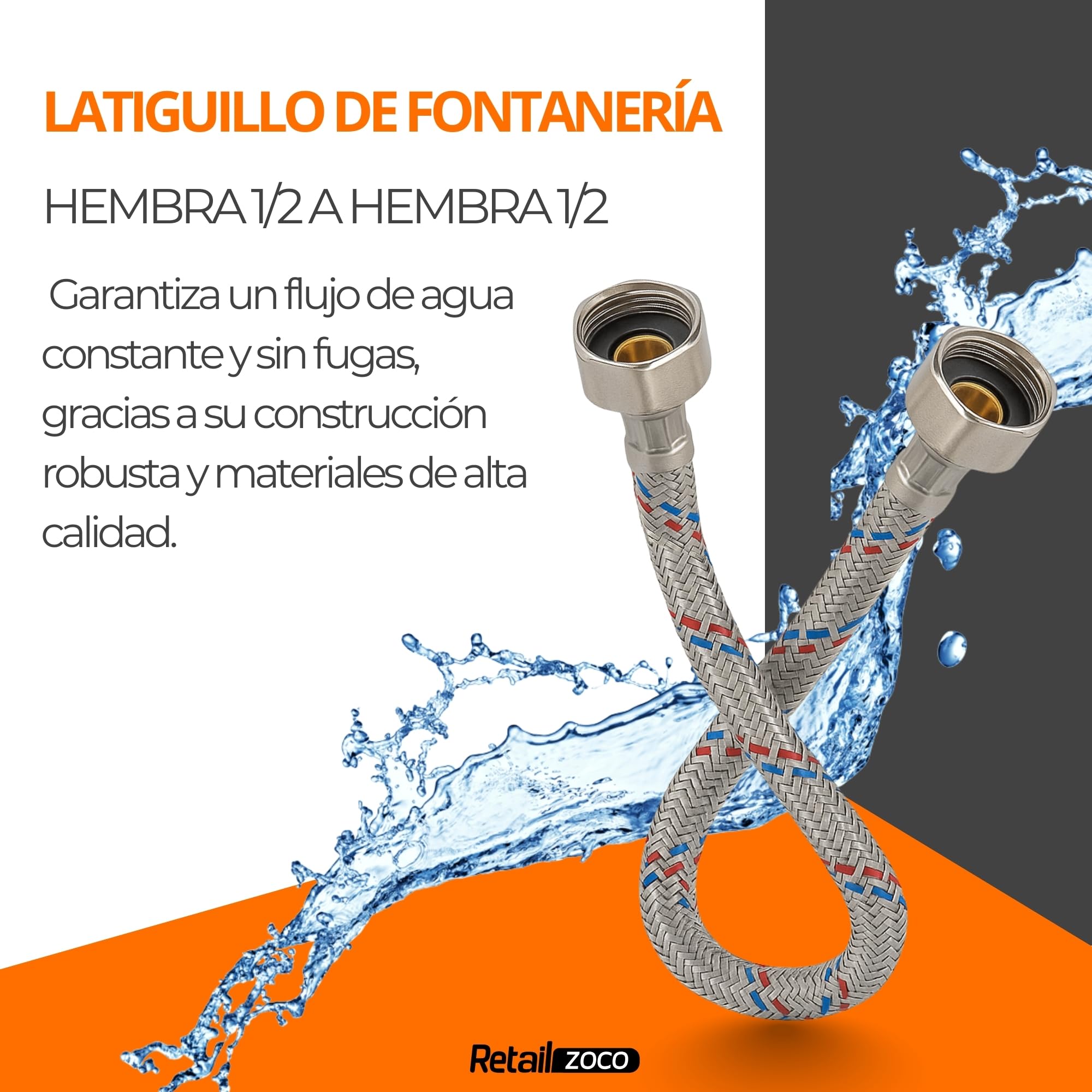 Latiguillo de Fontanería Hembra 1/2” x Hembra 1/2”, Longitud 30 cm - imagen 2