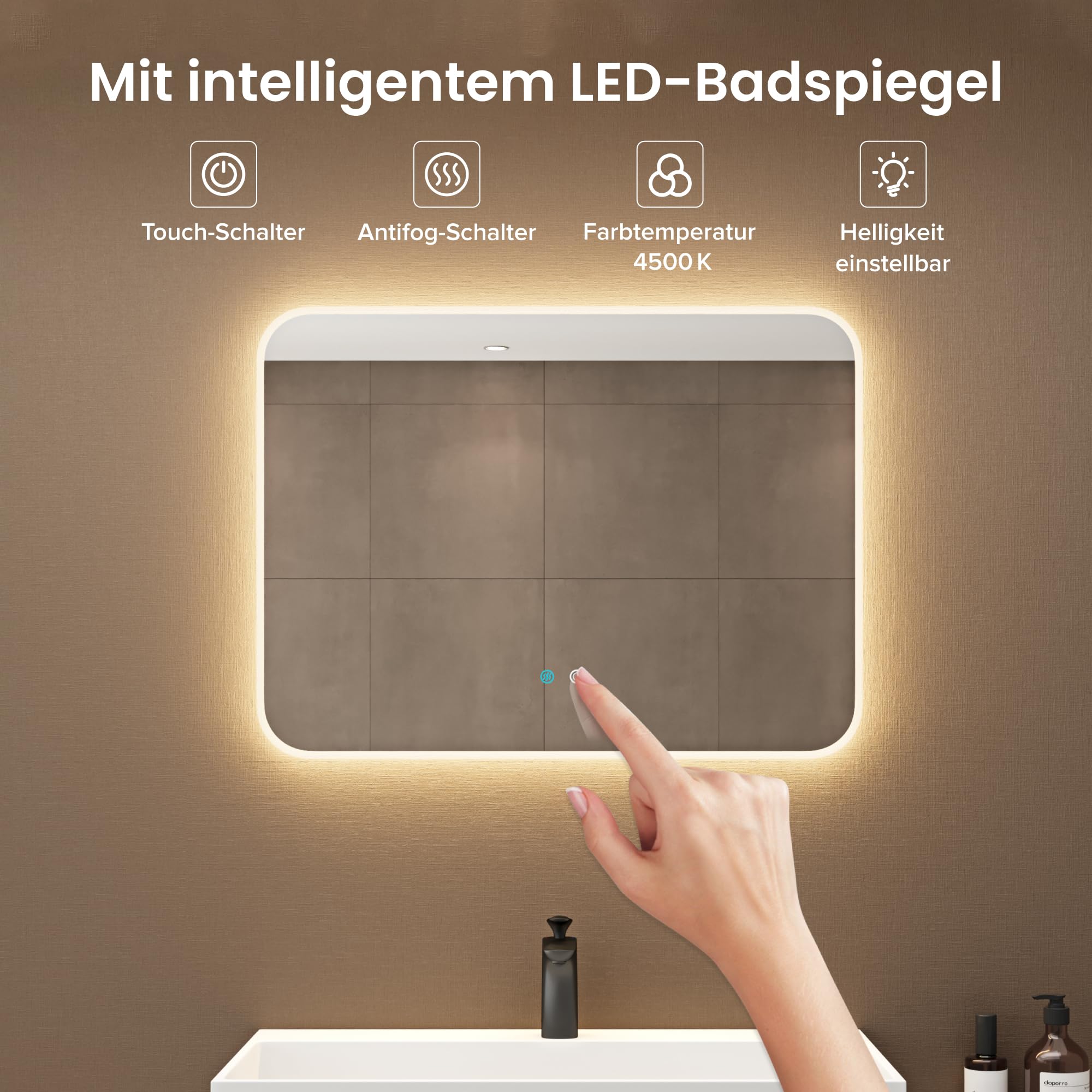 doporro Mobile Bagno Sospeso 80 cm con Lavabo in Marmoresina e Specchio LED – Finitura Nero Opaco, Cassetti a Chiusura Rallentata, Serie Yoga