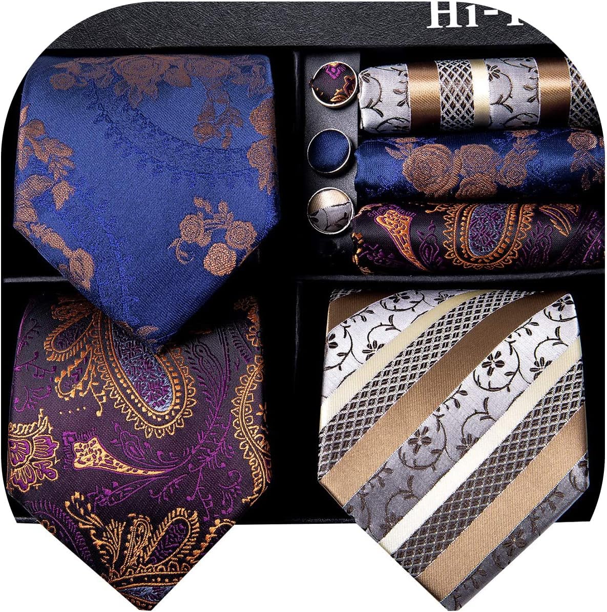 Hi-Tie 3 Pcs Gift Box Mens Tie Set Necktie with Pocket Square Cufflinks Lapel Pin Silk Neck Tie Collection