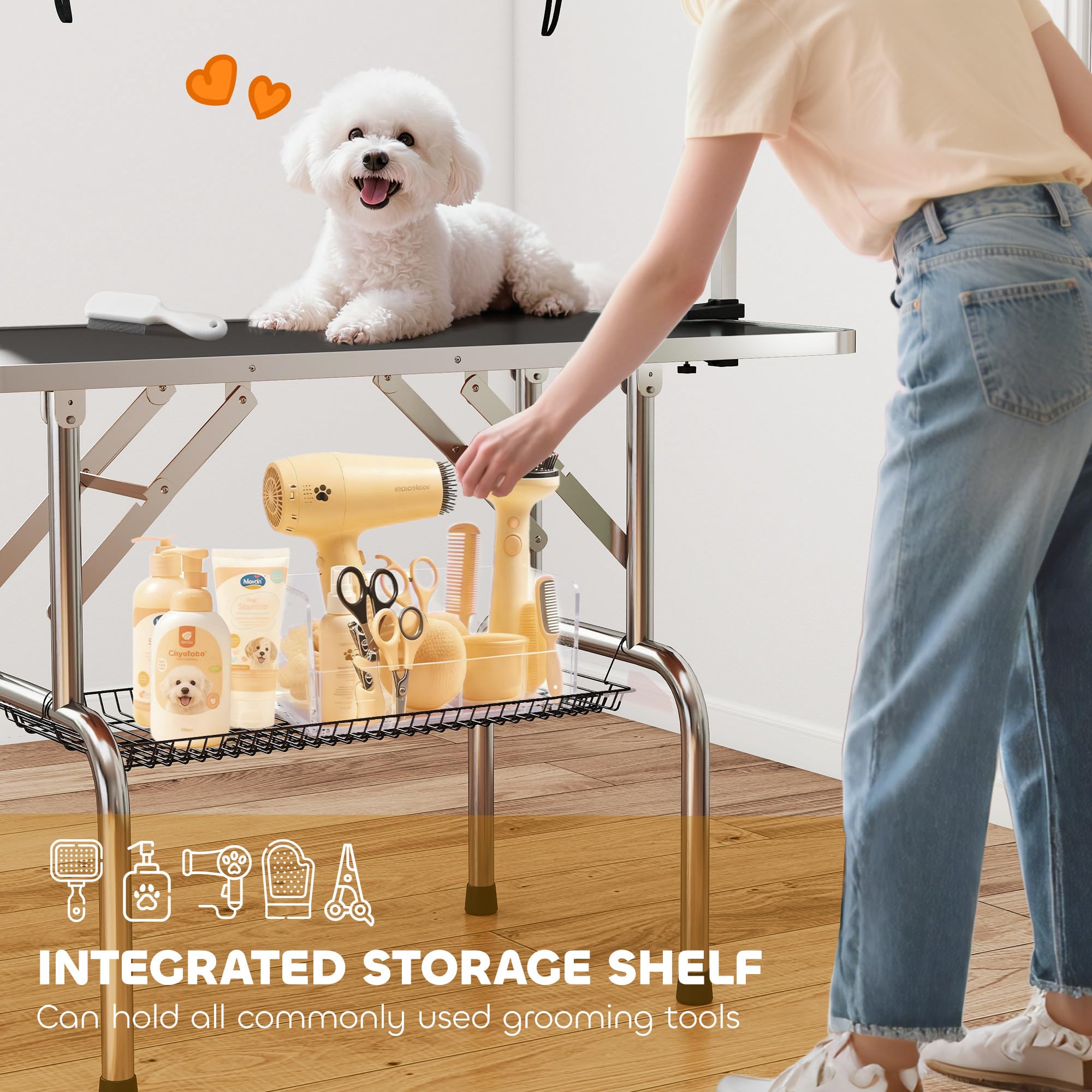 PawHut Tavolo da toelettatura per animali domestici Tavolo da toelettatura pieghevole con portaoggetti Telaio in acciaio Altezza regolabile 20-80 cm 107x60x170 cm Nero