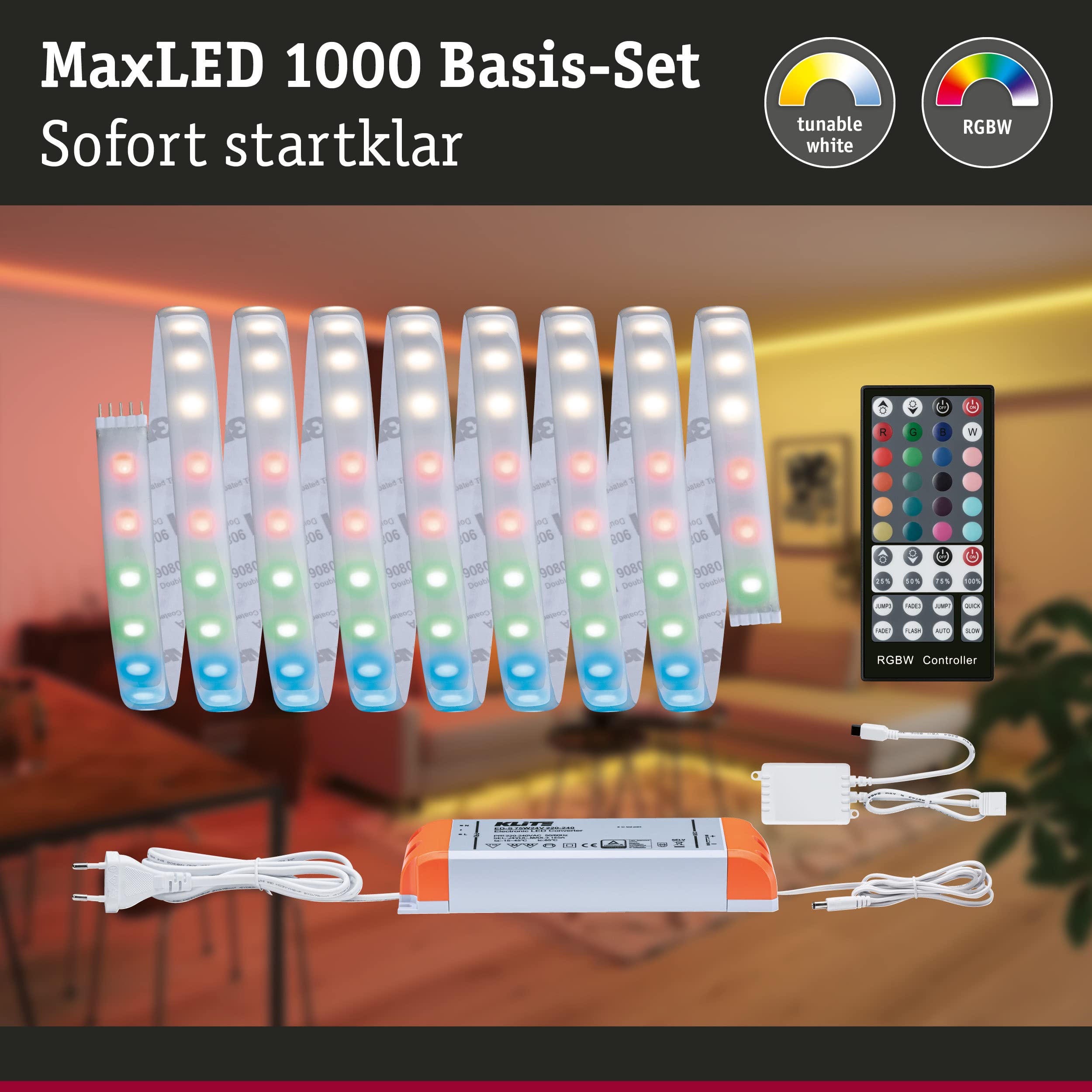Paulmann 70529 Strip LED MaxLED 1000 RGBW juego básico IP44 33W 1000lm/m regulable 3m plateado plástico 72 LED/m 75VA
