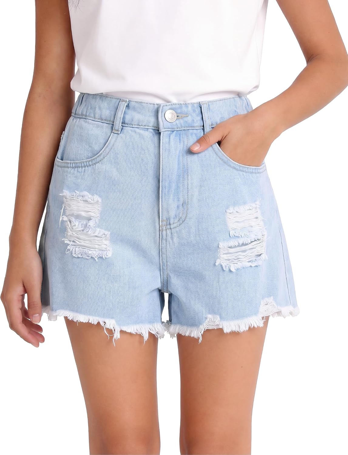 PATPAT Girls Ripped Jean Shorts 5-14Y Mid Rise Elastic Waistband Frayed Hem | Y2K ripped denim, loose fit, breathable cotton, durable, lightweight, machine washable, easy care, zipper fly, anti-shrink