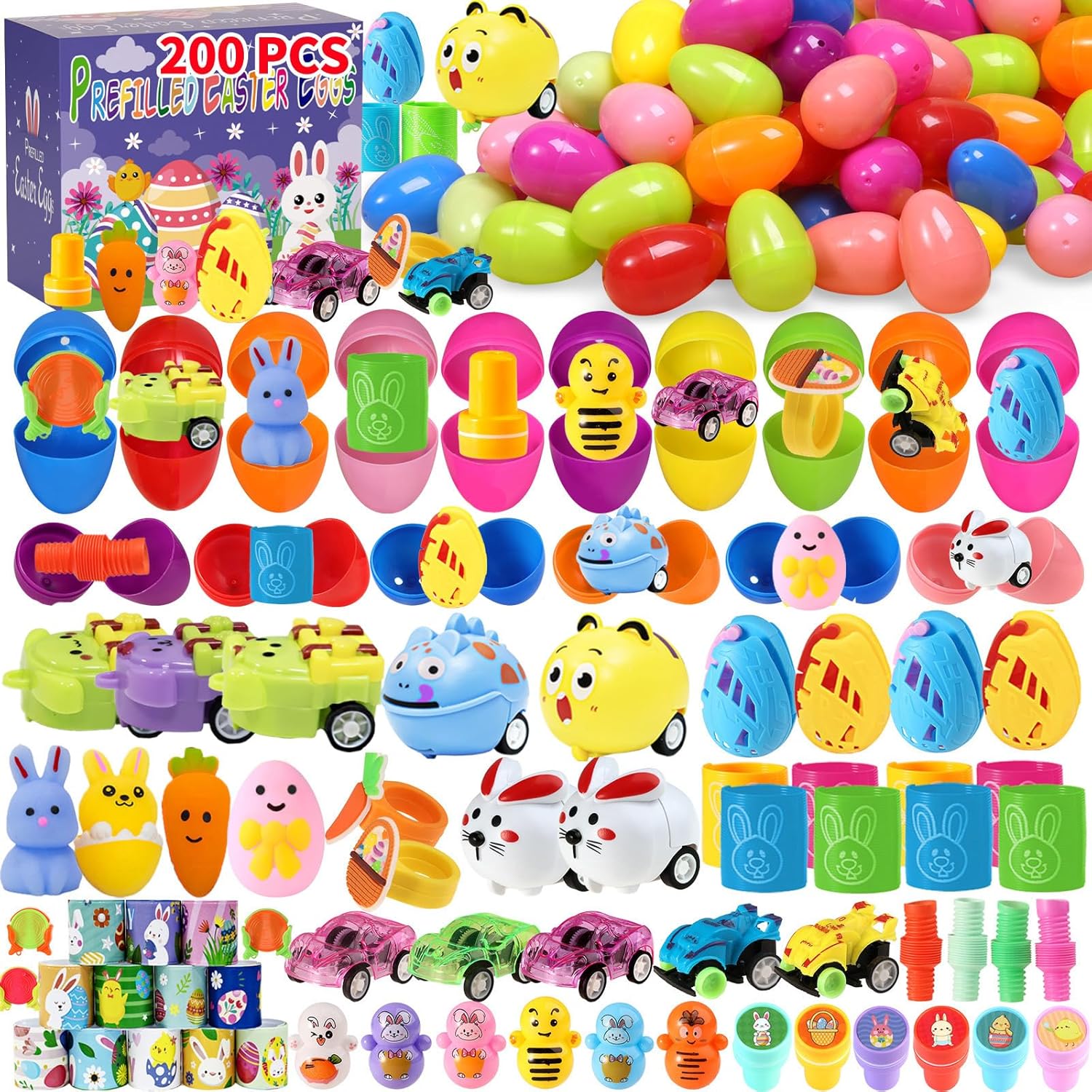 200PCS Pre-Filled Easter Eggs with Toys, Easter Basket Fillers, Easter Egg Hunt Prizes Toys for Kids Toddler Classroom Gift Goodie Bag Stuffers Pinata Stuffers