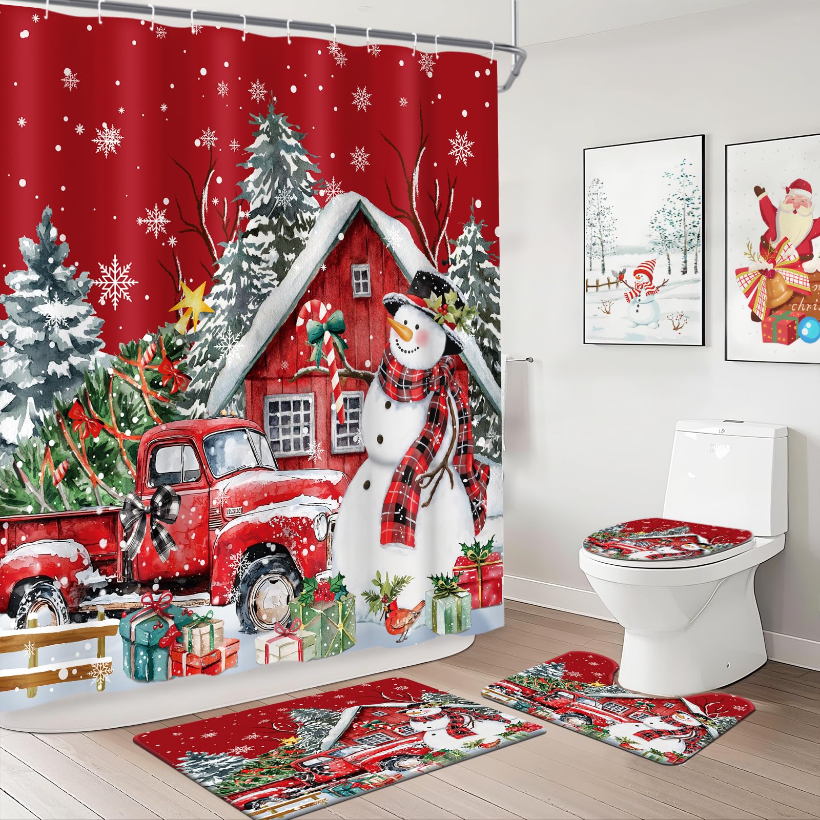 Camion rouge et bonhomme de neige rideau de douche et tapis pour une salle de bain de fête