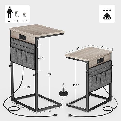 Miniatura 3 de Vagusicc Mesa auxiliar en forma de C con estación de carga, mesa auxiliar de 33 pulgadas de alto para sofá, mesa C de altura ajustable, mesa