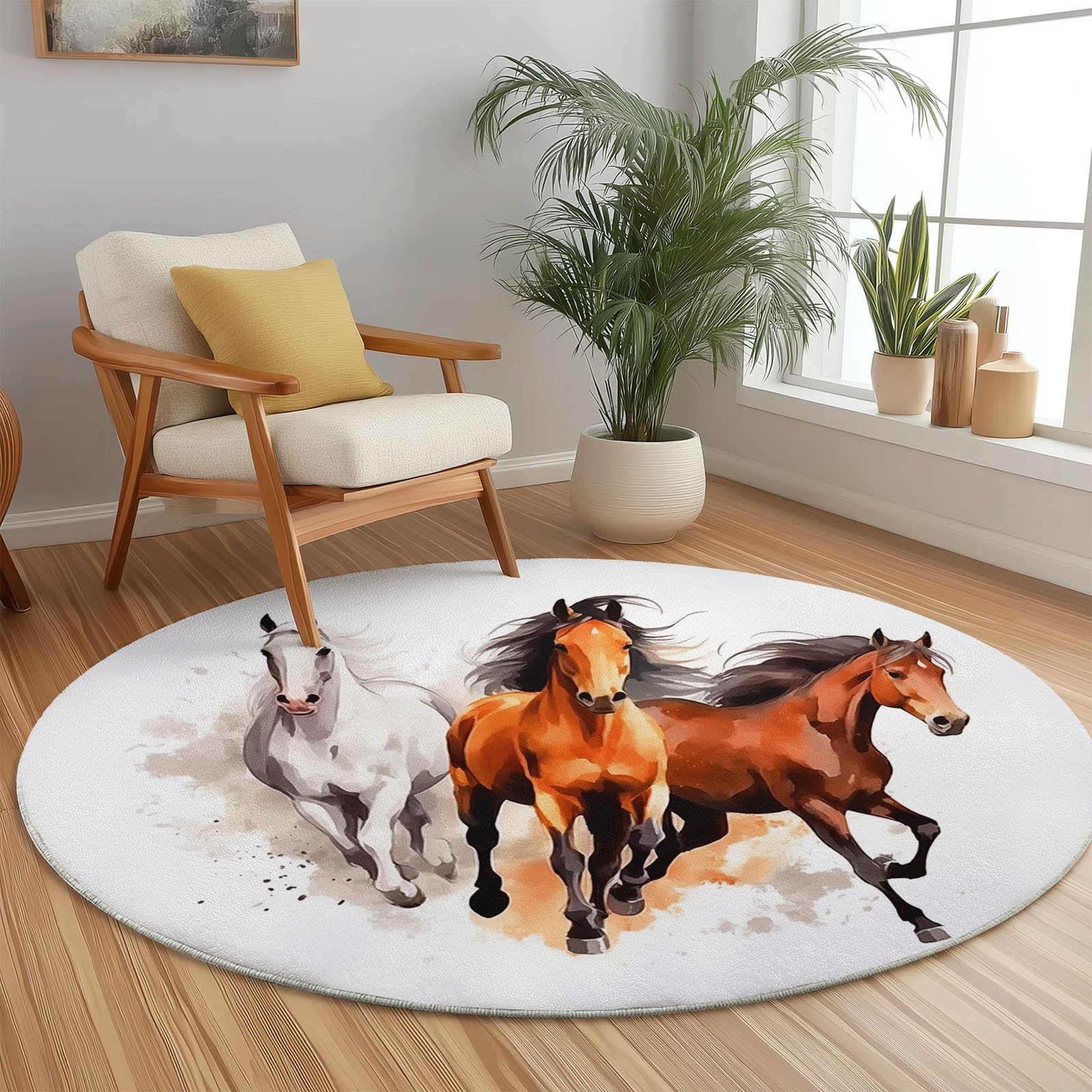 Tapis rond cheval pour chambre et salon décoratif aquarelle 120cm