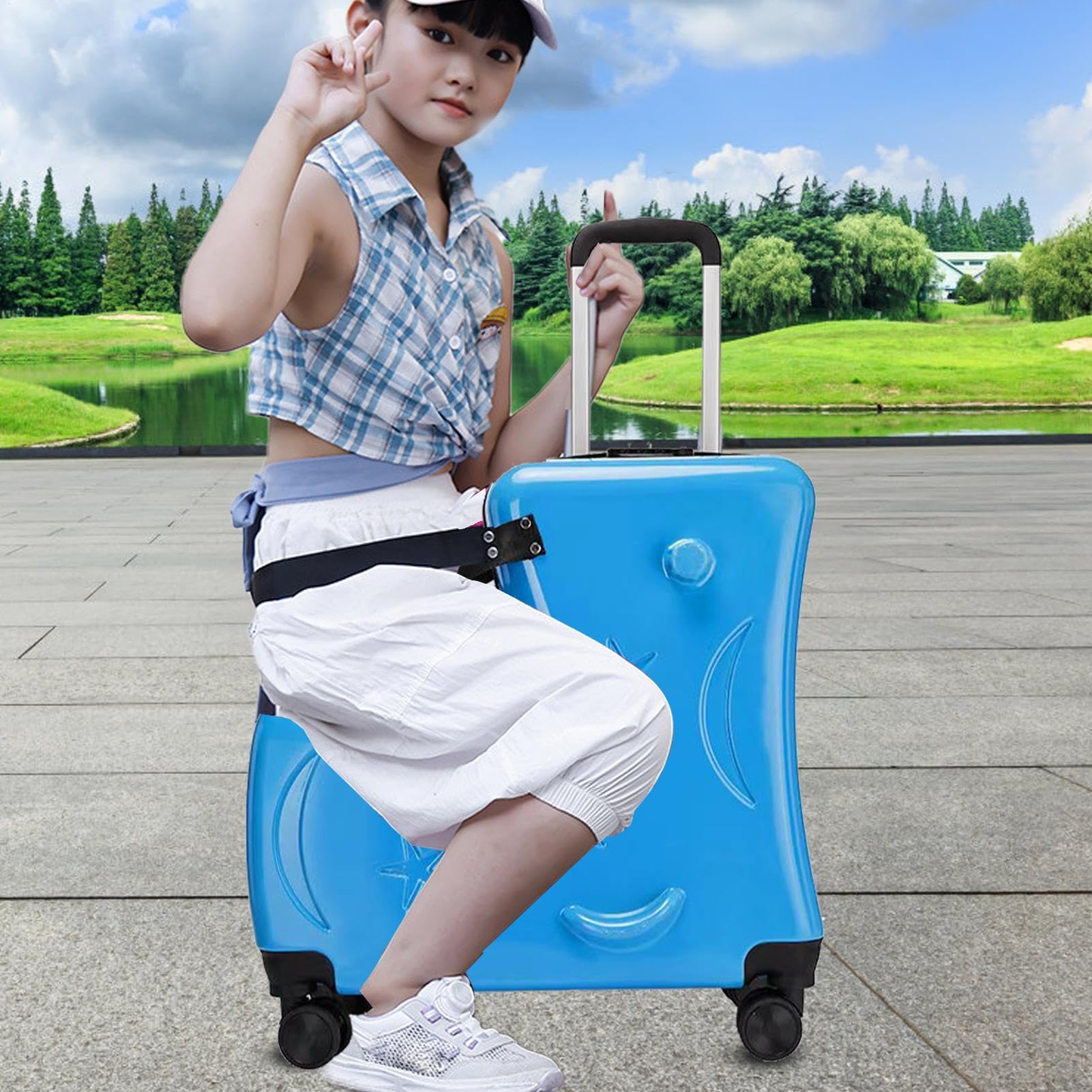 Kids Ride- Suitcase | 3-cyfrowy zamek kó?kach | 20 podró?y z pasami do siedzenia, peda?ami, uchwytami i cichymi ko?ami | Ride- Luggage for Boys & Girls, Lake Blue, riferimento alla