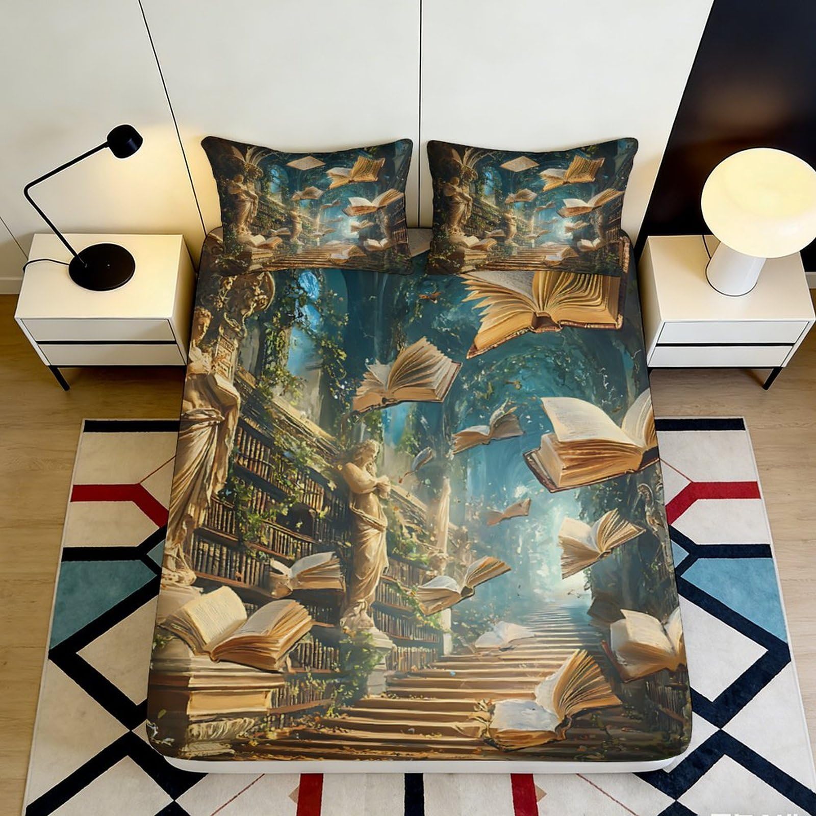 3D Printed Fantasy Library Fitted Sheet Microfiber Soft Artistic Book Forest Mattress Cover for Bedroom Guest Room Decor 90x200x25cm