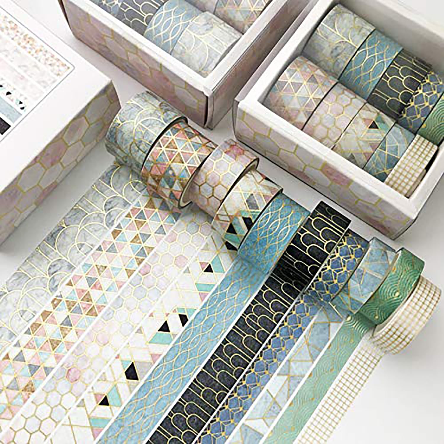 Tazweeq Washi Tape Set, 10 Rolls Geometric Gold Decorative Paper Tape for Scrapbooking, DIY Crafts, Bullet Journals, Planners, Gift Wrapping & More, Add Endless Creativity & Fun to Your Life