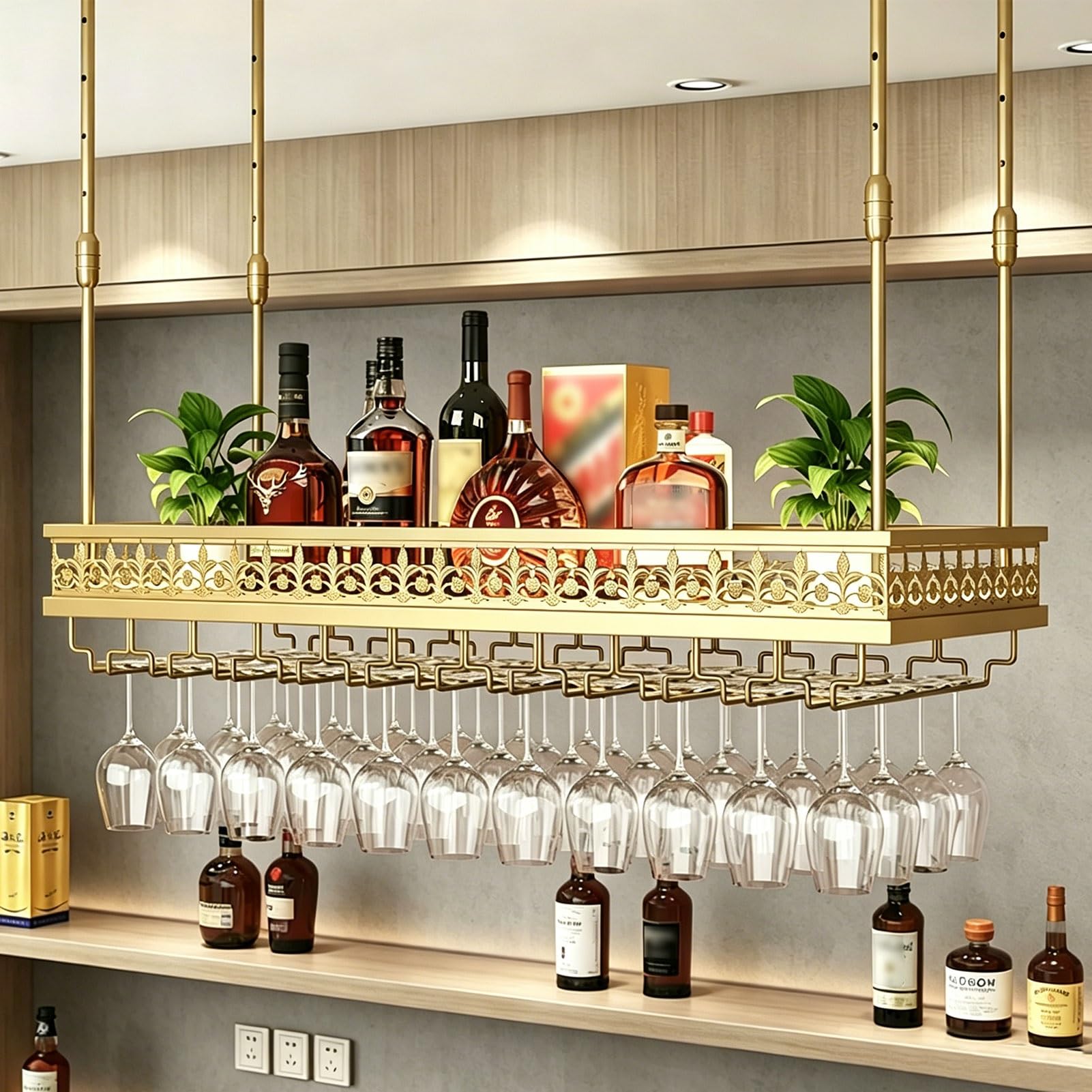 Estante de vino de techo, soporte colgante de metal, altura ajustable, estante de almacenamiento de botellas para sala de estar y cocina, diseño elegante