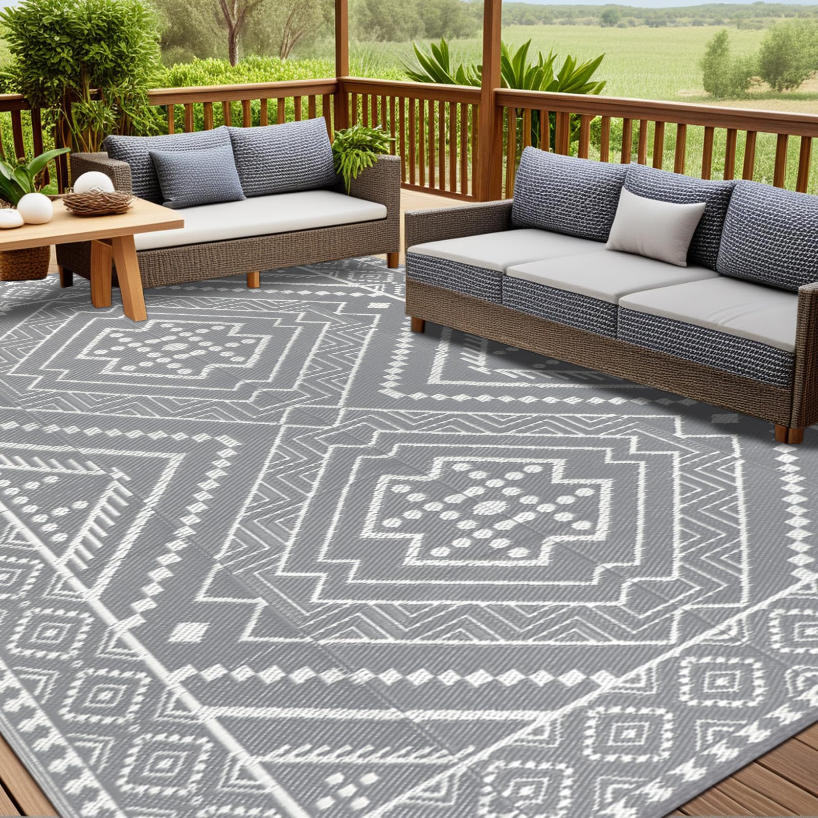 Outdoor Rug for Patio 9x12 Reversible Plastic Straw Mat Waterproof Outside Floor Carpet for RV Camping Porch Deck Pool Backyard Beach Trailer Tent Decor, Grey