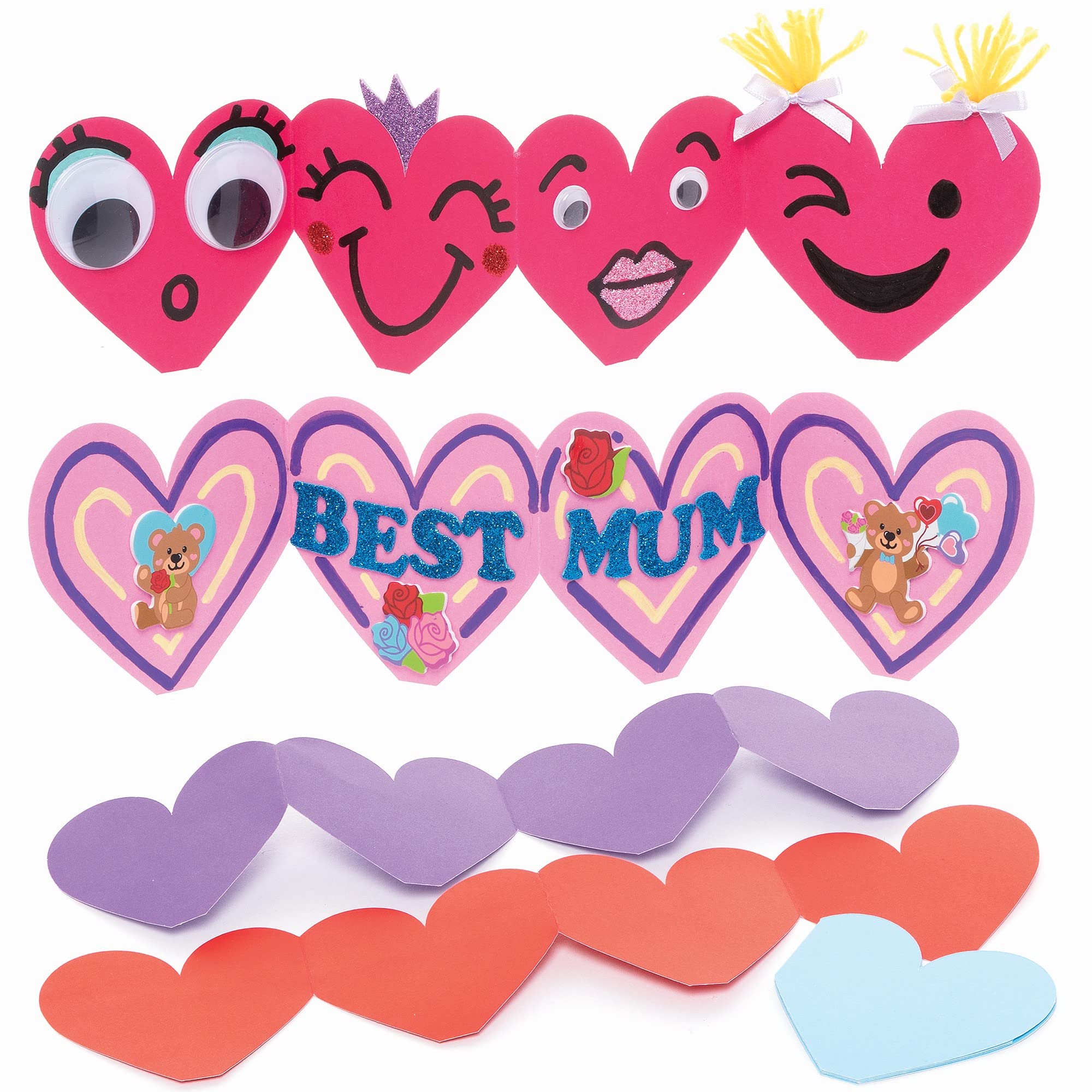 Baker Ross FC475 Heart Concertina Cards - Pack of 10, Card Blanks, Assorted Colours, Folded Cards, Envelope Included, Card Making