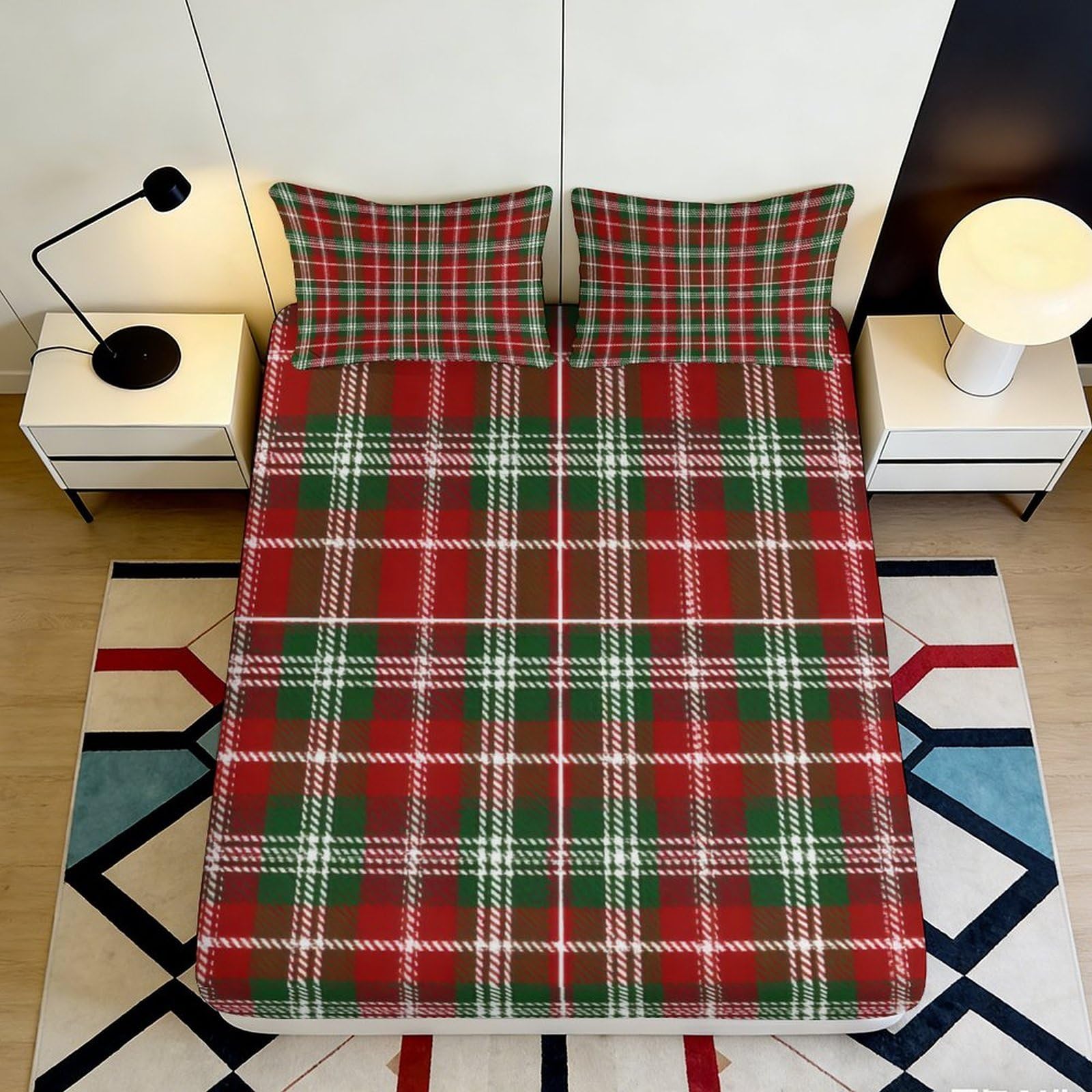 3D Printed Plaid Tartan Fitted Sheet Microfiber Soft Breathable Checkered Bed Cover for Bedroom Guest Room Decor 120x200x25cm