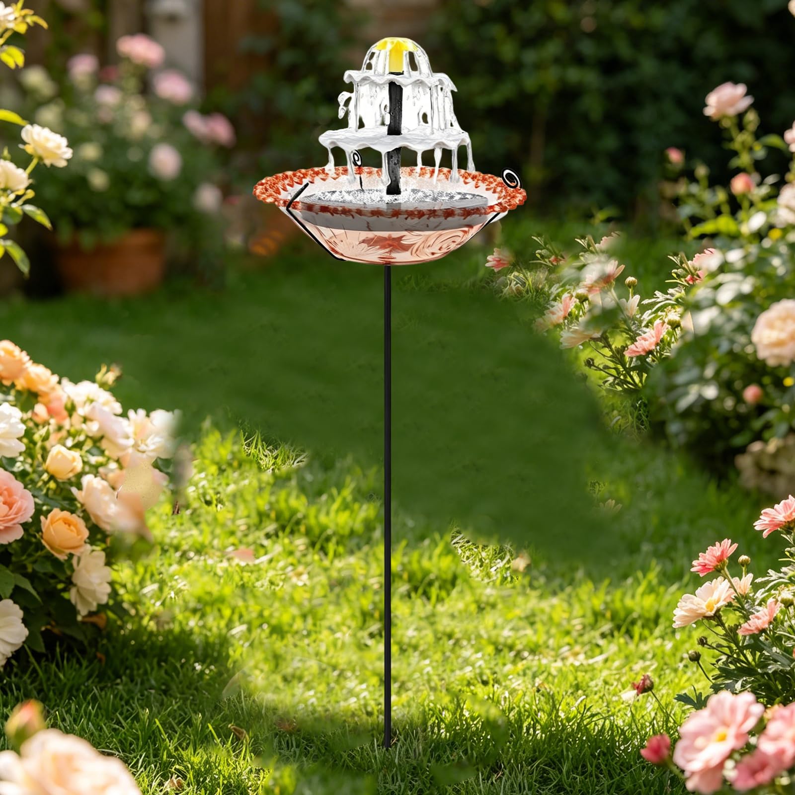 Pink-S Solar Outside Garden Birdbath Bowl With 5 Prongs Base Stake Garden Bird Drinking Station Rust-Proof Freestanding Birdbaths For Bird Watching&Garden Decoration (Pink S)