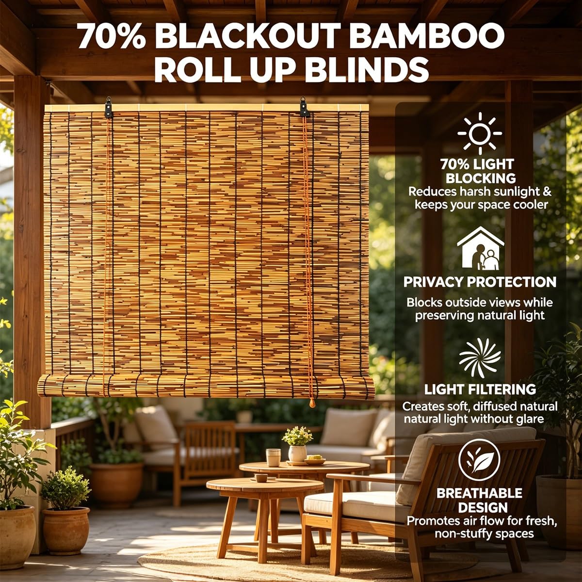 Store en Bambou Interieur sans Perçage, Store Enrouleur Bambou 60 75 90 100 115 130 145 160 cm, Rideau Romains avec Levage, Rideau de Roseau pour Extérieur Terrasse Véranda Pergola(W145 cm x H220 cm)