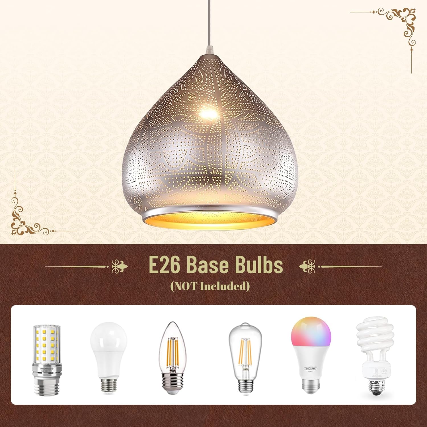 Modern Pendant Light Fixture Moroccan Kitchen Island Hanging Light Silver Shade Moroccan Dining Room Light Fixture Vintage Turkish Pendant Lighting for Farmhouse, Living Room, 1-Light