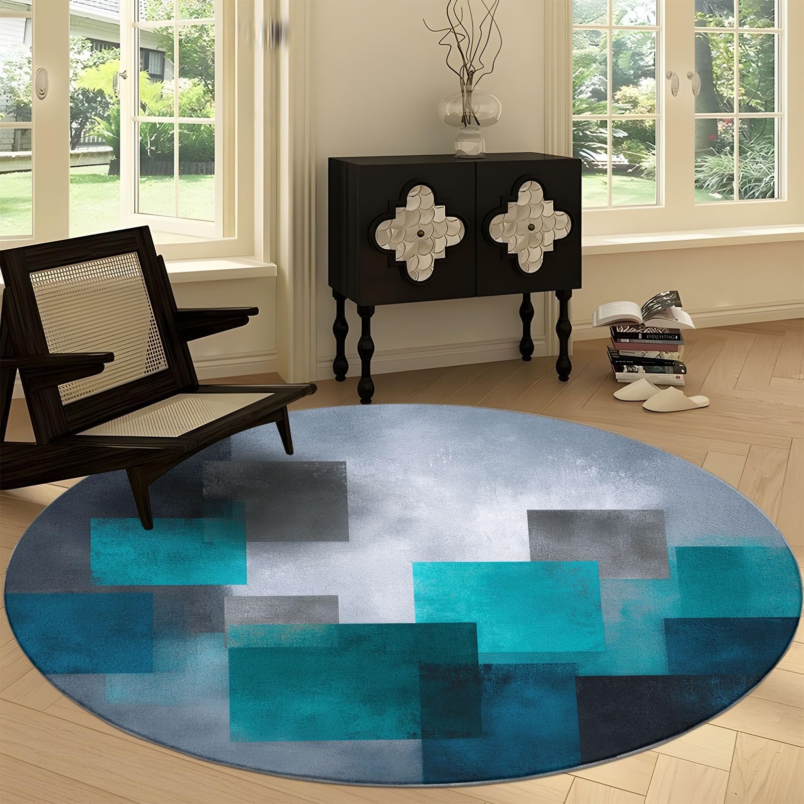 Okrągły dywan do salonu nadający się do prania 150 cm sztuka abstrakcyjna, dywan do sypialni geometria retro miękkie klocki - sypialnia krótkie włosie salon sypialnia jadalnia lub akademik rodzinny