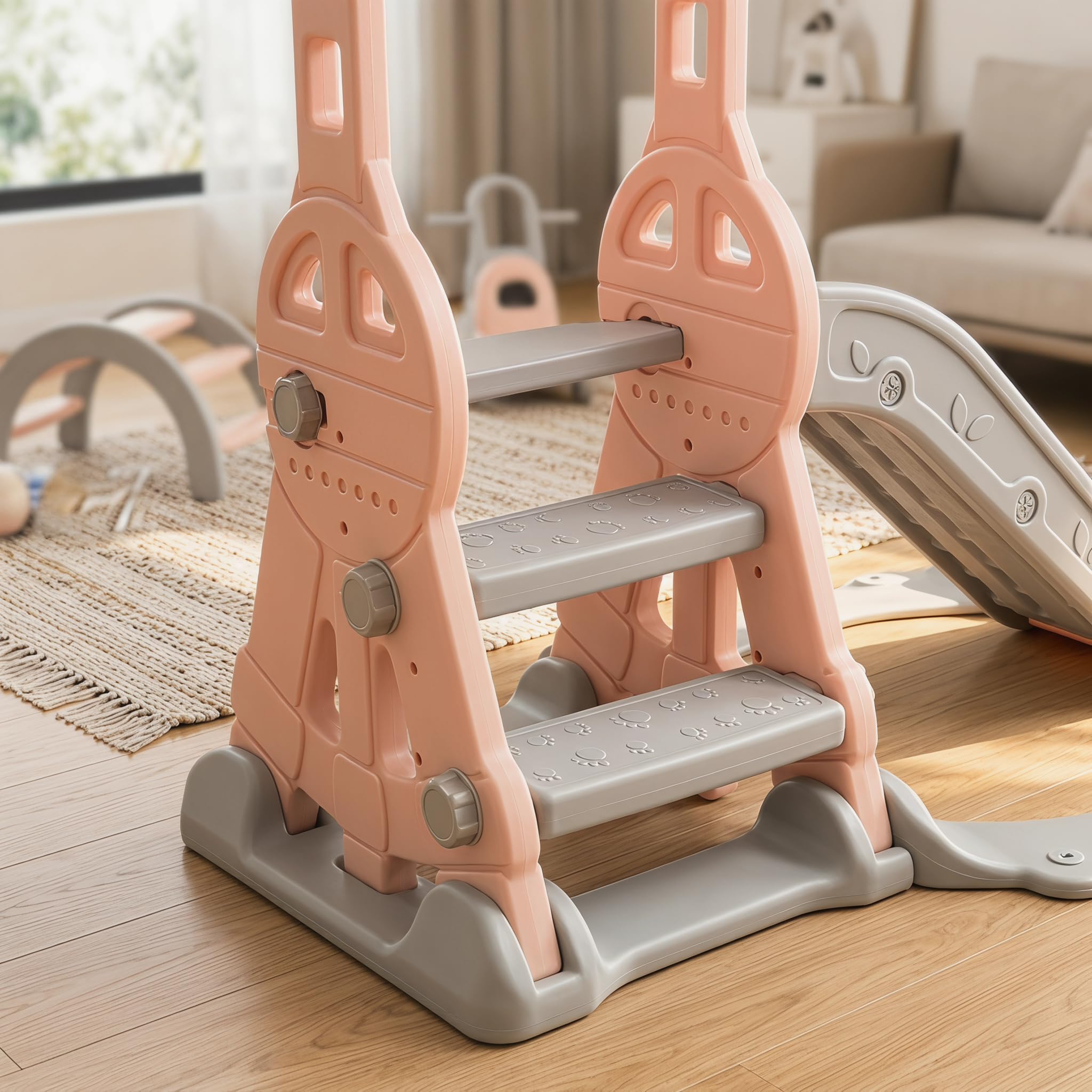 4 en 1 tobogán para niños, tobogán para bebés con anillo de baloncesto, toboganes, escaleras, columpios, tobogán multifunktionale interior y exterior para niños pequeños y preescolares (rosa)