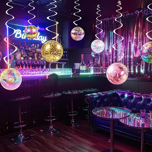 Miniatura 6 de Paquete de 40 decoraciones colgantes de discoteca  Decoraciones retro de cumpleaños de baile para niñas, suministros de fiesta de discoteca y