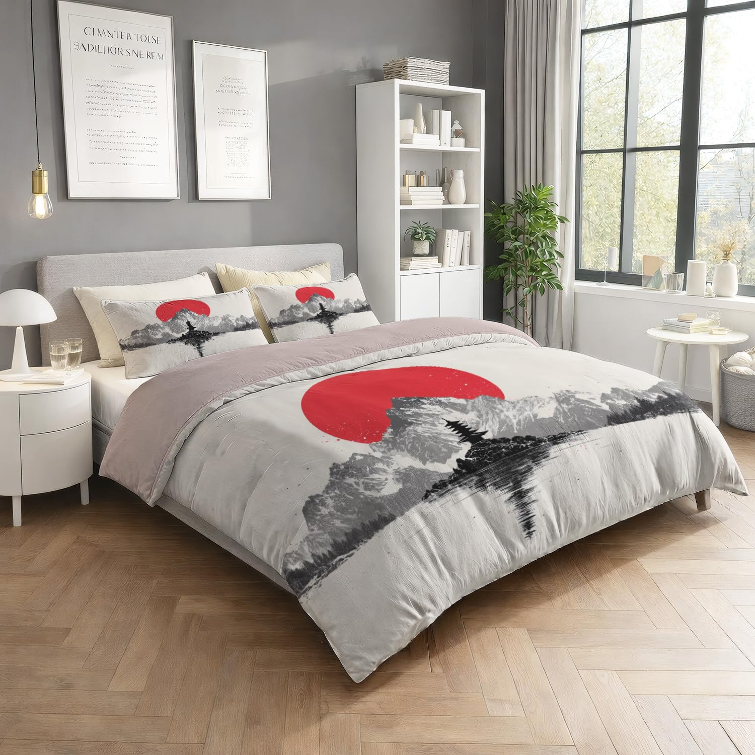 Czerwony klasyczny tradycyjny minimalistyczny zestaw poszewek na kołdrę Pagoda, 3 sztuki, 240 x 220 cm - zestaw pościeli z miękkiej mikrofibry, z zamkiem błyskawicznym i poszewkami na poduszki, można