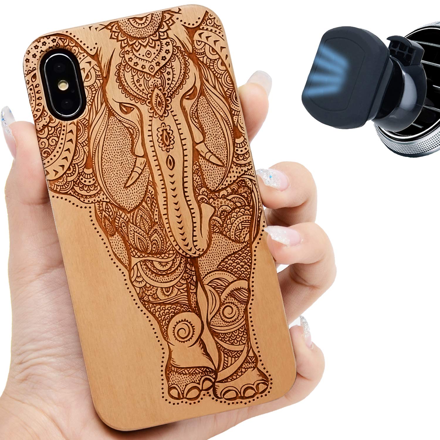 iProductsUS Elephant Wood Phone Case Compatible with iPhone X, XS, XR, MAX, with Magnetic Mount, Screen Protector 6.5" - For iPhone XS MAX Natural ipu-8010-ipXmax-3pkg