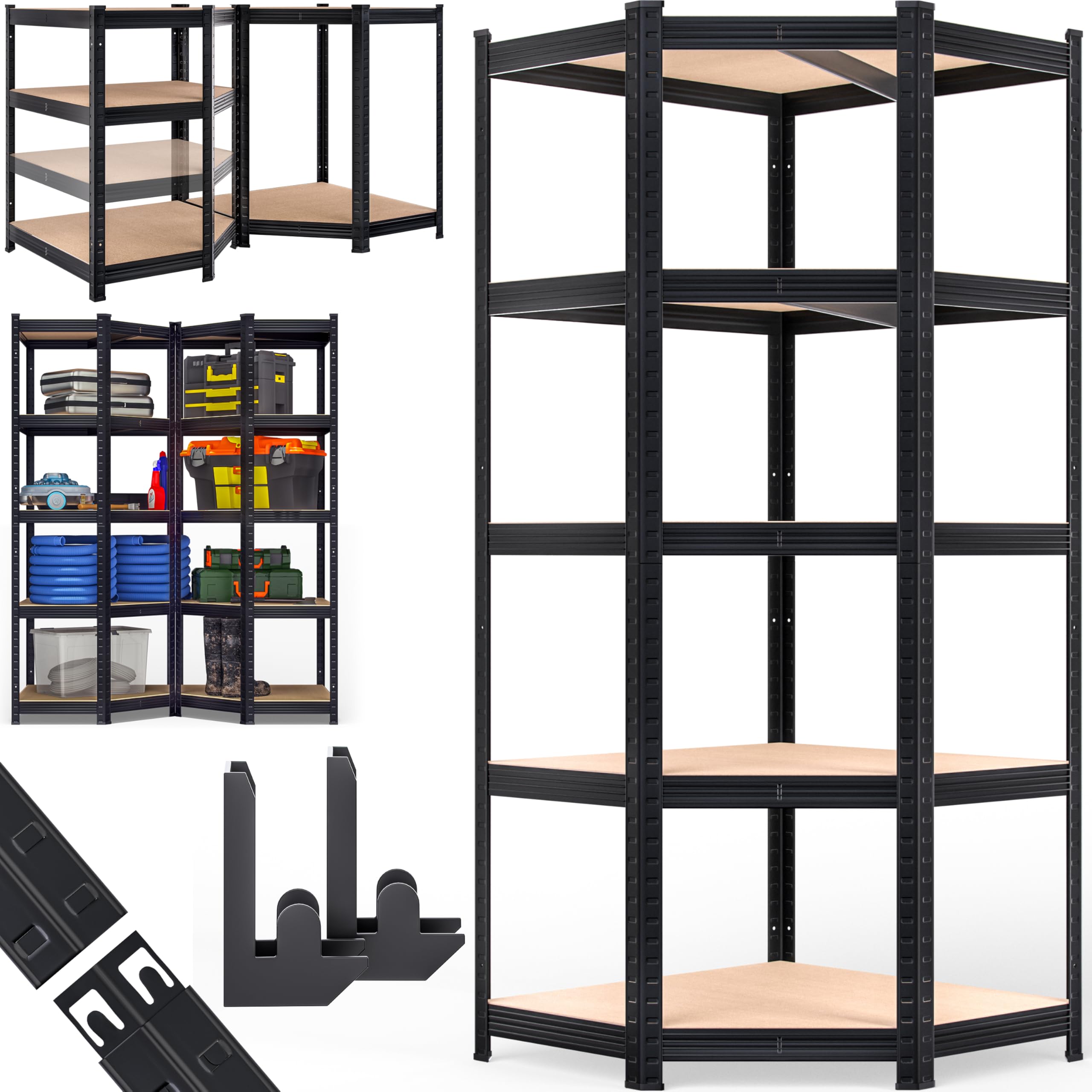 Monzana® 5 Tier Heavy Duty Corner Metal Shelving, Garage Shelves Corner Shelf Unit - Galvanised Steel Adjustable Shelving Units for Storage Unit Warehouse Shed Basement | Black Shelves